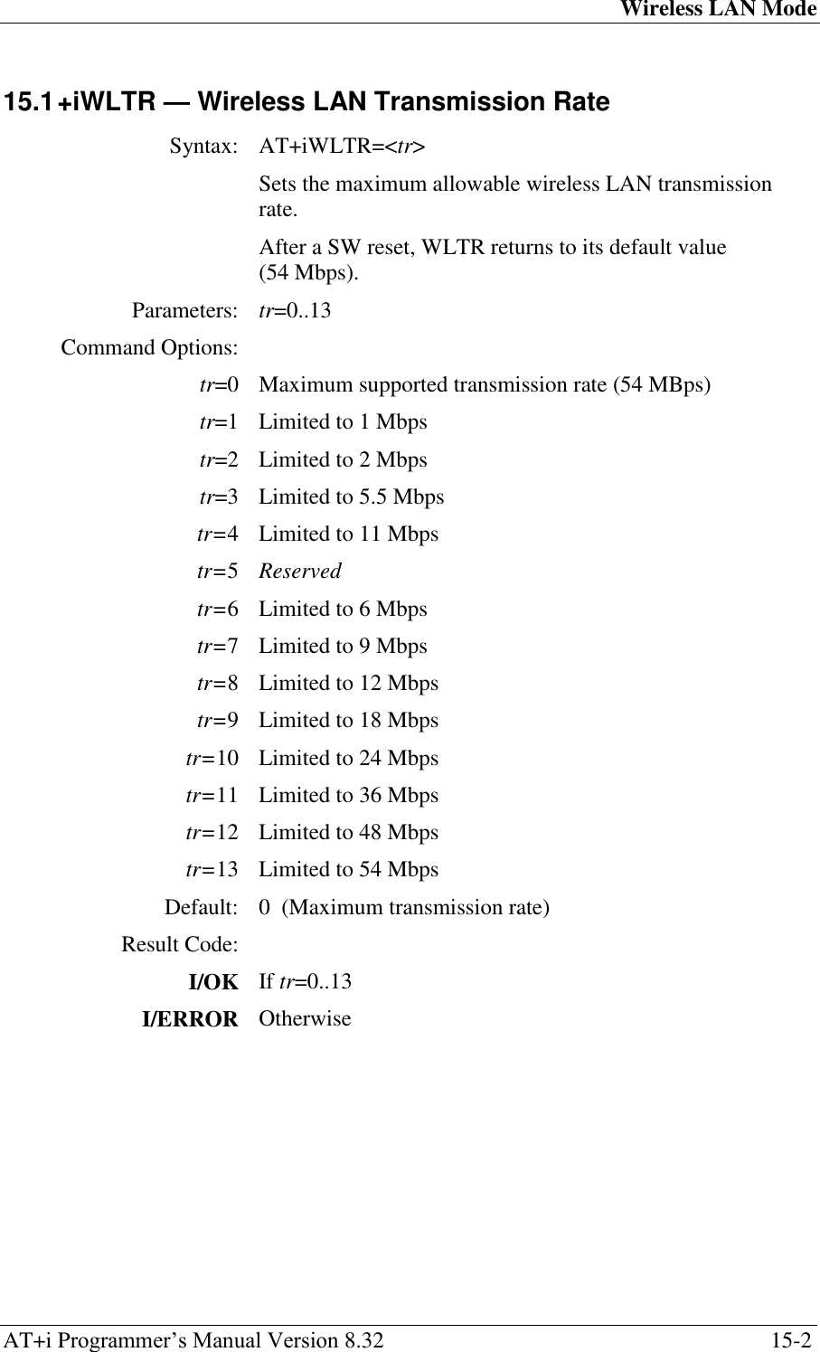 Wireless LAN Mode AT+i Programmer‘s Manual Version 8.32  15-2 15.1 +iWLTR — Wireless LAN Transmission Rate  Syntax: AT+iWLTR=&lt;tr&gt;  Sets the maximum allowable wireless LAN transmission rate. After a SW reset, WLTR returns to its default value (54 Mbps). Parameters: tr=0..13 Command Options:  tr=0 Maximum supported transmission rate (54 MBps) tr=1 Limited to 1 Mbps tr=2 Limited to 2 Mbps tr=3 Limited to 5.5 Mbps tr=4 Limited to 11 Mbps tr=5 Reserved tr=6 Limited to 6 Mbps tr=7 Limited to 9 Mbps tr=8 Limited to 12 Mbps tr=9 Limited to 18 Mbps tr=10 Limited to 24 Mbps tr=11 Limited to 36 Mbps tr=12 Limited to 48 Mbps tr=13 Limited to 54 Mbps Default: 0  (Maximum transmission rate) Result Code:  I/OK If tr=0..13 I/ERROR Otherwise 