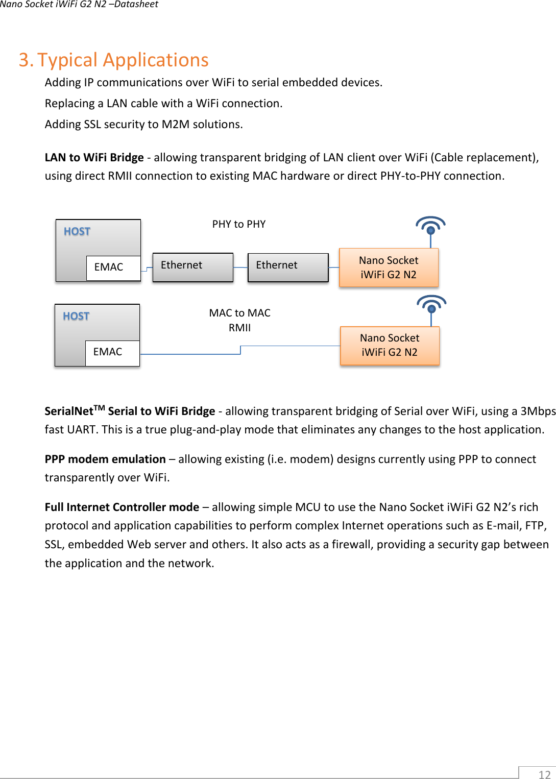 Nano Socket iWiFi G2 N2 –Datasheet 12 3. Typical ApplicationsAdding IP communications over WiFi to serial embedded devices. Replacing a LAN cable with a WiFi connection. Adding SSL security to M2M solutions. LAN to WiFi Bridge - allowing transparent bridging of LAN client over WiFi (Cable replacement), using direct RMII connection to existing MAC hardware or direct PHY-to-PHY connection. SerialNetTM Serial to WiFi Bridge - allowing transparent bridging of Serial over WiFi, using a 3Mbps fast UART. This is a true plug-and-play mode that eliminates any changes to the host application. PPP modem emulation – allowing existing (i.e. modem) designs currently using PPP to connect transparently over WiFi. Full Internet Controller mode – allowing simple MCU to use the Nano Socket iWiFi G2 N2’s rich protocol and application capabilities to perform complex Internet operations such as E-mail, FTP, SSL, embedded Web server and others. It also acts as a firewall, providing a security gap between the application and the network. HOST EMAC Ethernet Ethernet Nano Socket iWiFi G2 N2 Nano Socket iWiFi G2 N2 MAC to MAC RMII PHY to PHY HOST EMAC 