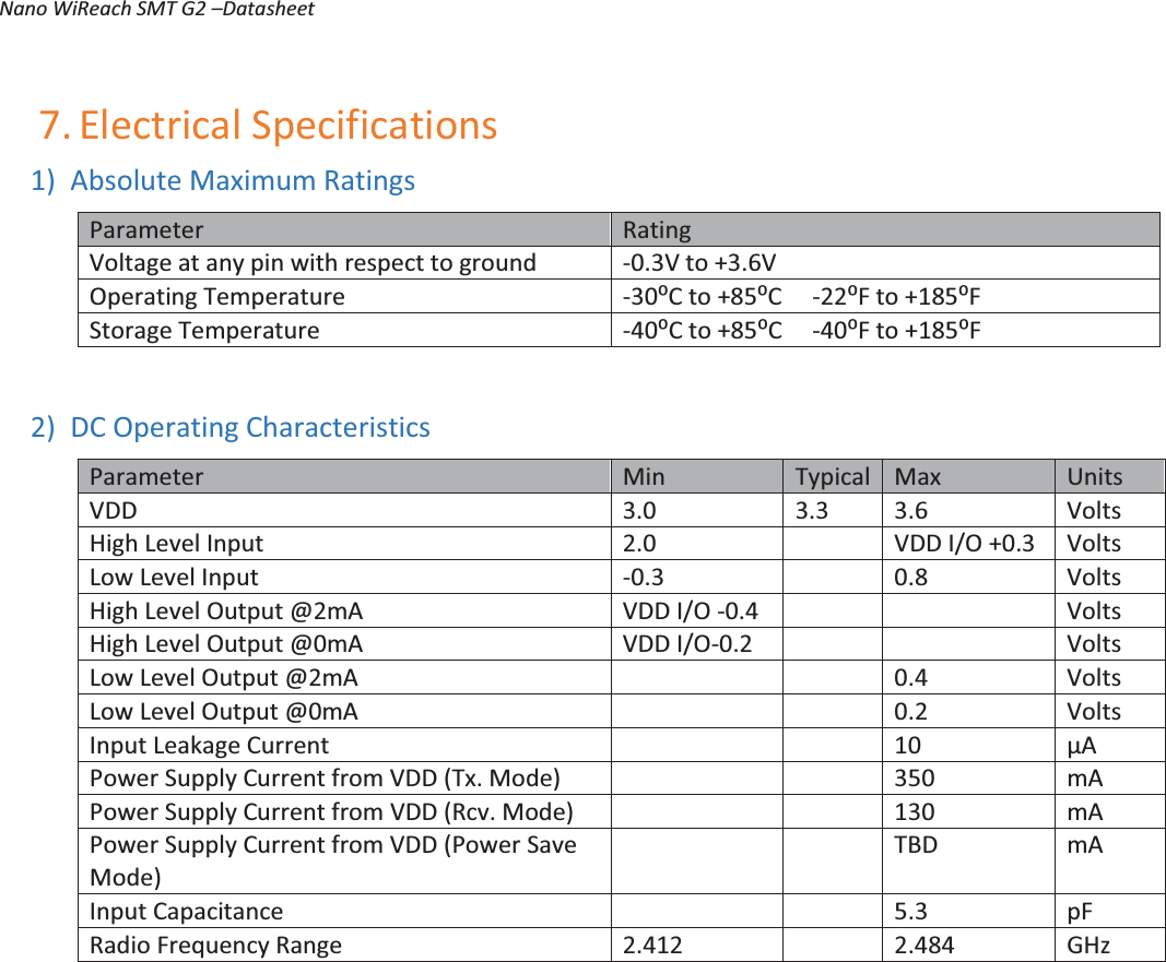 Nano WiReach SMT G2 –Datasheet   18 7. Electrical Specifications 1) Absolute Maximum Ratings Parameter Rating Voltage at any pin with respect to ground -0.3V to +3.6V Operating Temperature -30⁰C to +85⁰C     -22⁰F to +185⁰F Storage Temperature -40⁰C to +85⁰C     -40⁰F to +185⁰F  2) DC Operating Characteristics Parameter Min Typical Max Units VDD 3.0 3.3 3.6 Volts High Level Input 2.0  VDD I/O +0.3 Volts Low Level Input -0.3  0.8 Volts High Level Output @2mA VDD I/O -0.4   Volts High Level Output @0mA VDD I/O-0.2   Volts Low Level Output @2mA   0.4 Volts Low Level Output @0mA   0.2 Volts Input Leakage Current   10 μA Power Supply Current from VDD (Tx. Mode)   350 mA Power Supply Current from VDD (Rcv. Mode)   130 mA Power Supply Current from VDD (Power Save Mode)   TBD mA Input Capacitance   5.3 pF Radio Frequency Range 2.412  2.484 GHz  