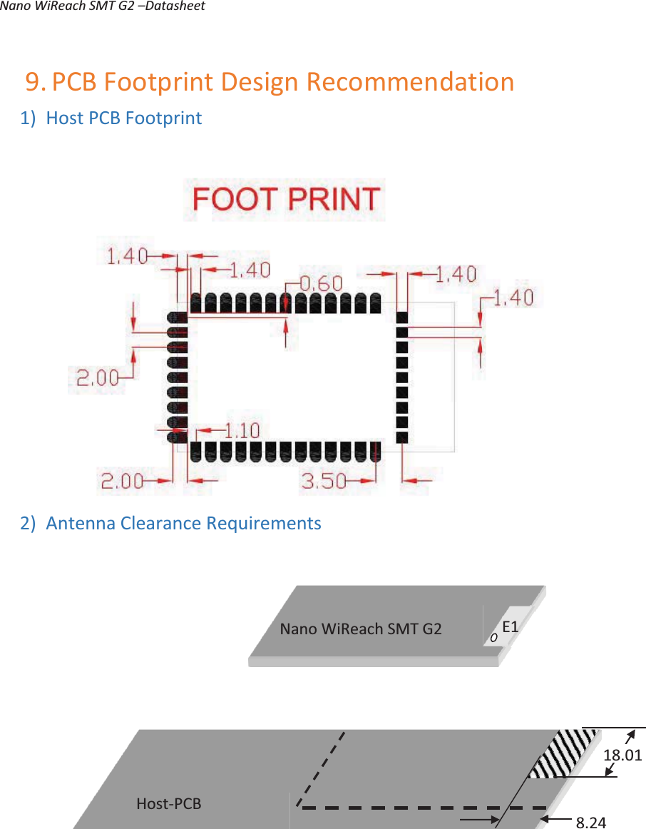 Nano WiReach SMT G2 –Datasheet   22 9. PCB Footprint Design Recommendation  1) Host PCB Footprint 2) Antenna Clearance Requirements   E1 Nano WiReach SMT G2 Host-PCB 18.01  8.24 