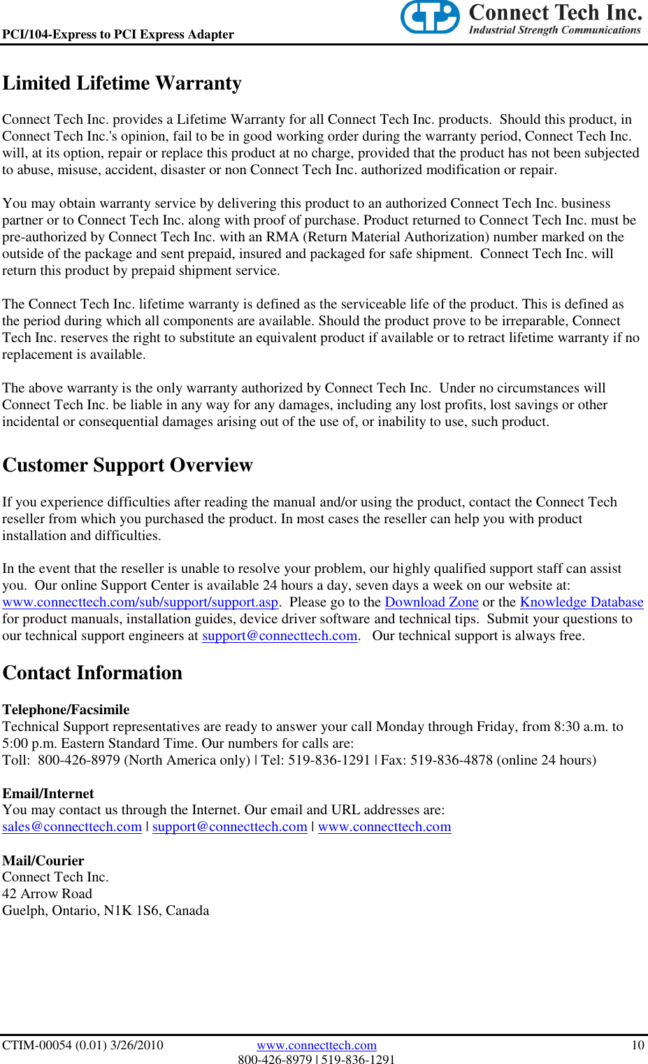 Page 10 of 10 - Connect-Tech Connect-Tech-Ctim-00054-Users-Manual- PCI-104/Express To PCI Express Adapter User Manual  Connect-tech-ctim-00054-users-manual