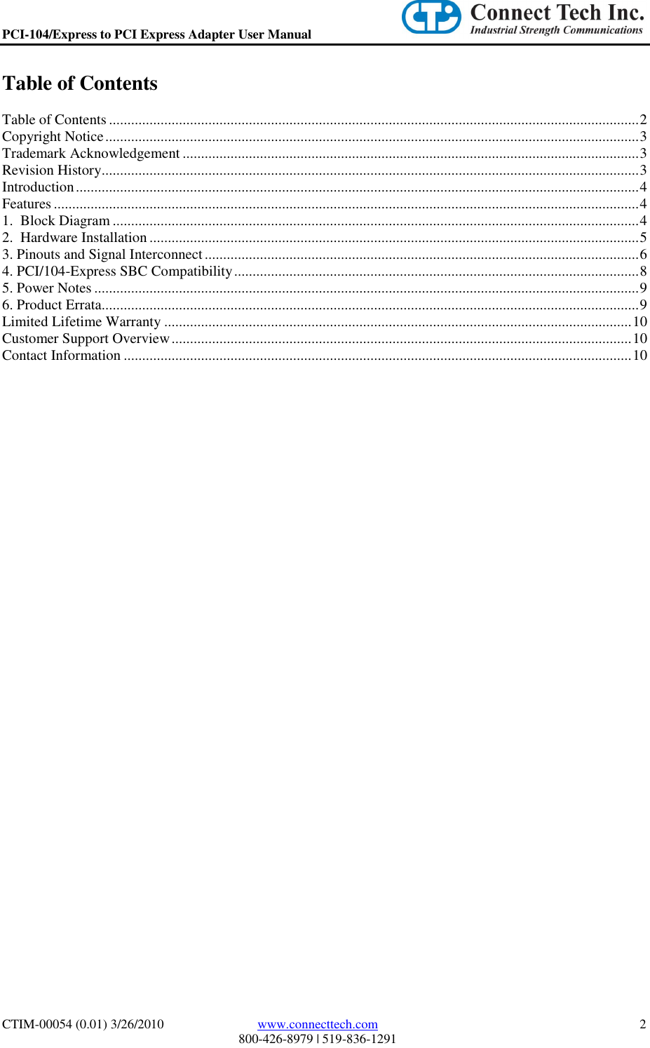 Page 2 of 10 - Connect-Tech Connect-Tech-Ctim-00054-Users-Manual- PCI-104/Express To PCI Express Adapter User Manual  Connect-tech-ctim-00054-users-manual