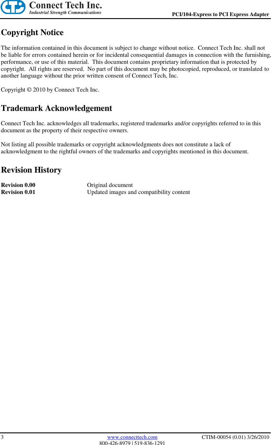 Page 3 of 10 - Connect-Tech Connect-Tech-Ctim-00054-Users-Manual- PCI-104/Express To PCI Express Adapter User Manual  Connect-tech-ctim-00054-users-manual