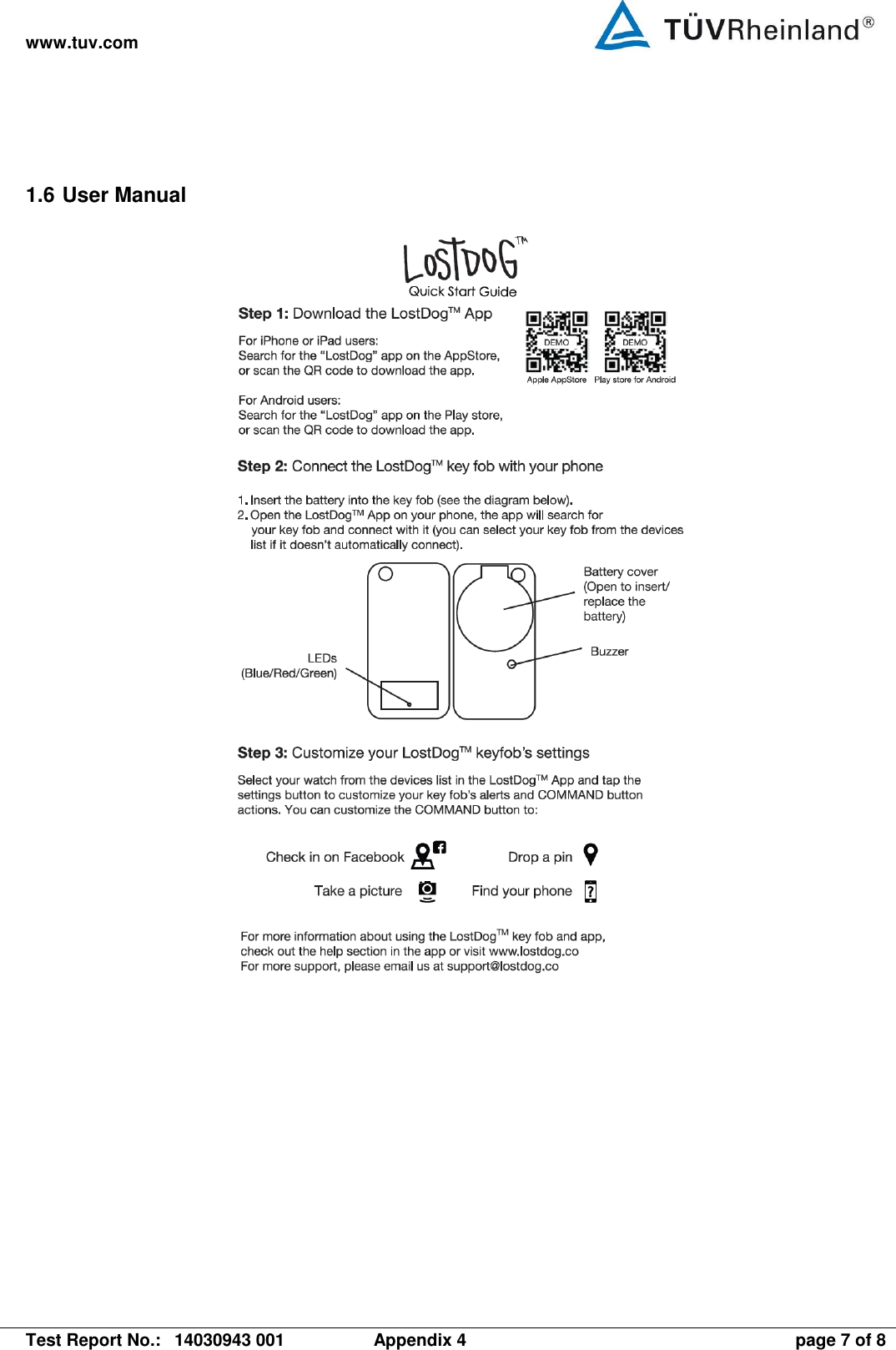 www.tuv.com   Test Report No.:  14030943 001  Appendix 4  page 7 of 8 1.6 User Manual  