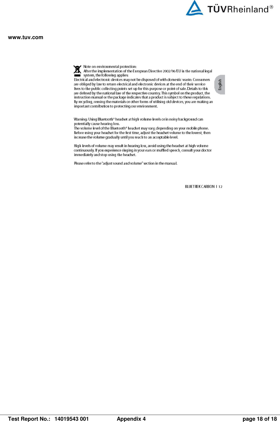 www.tuv.com   Test Report No.:  14019543 001  Appendix 4  page 18 of 18  