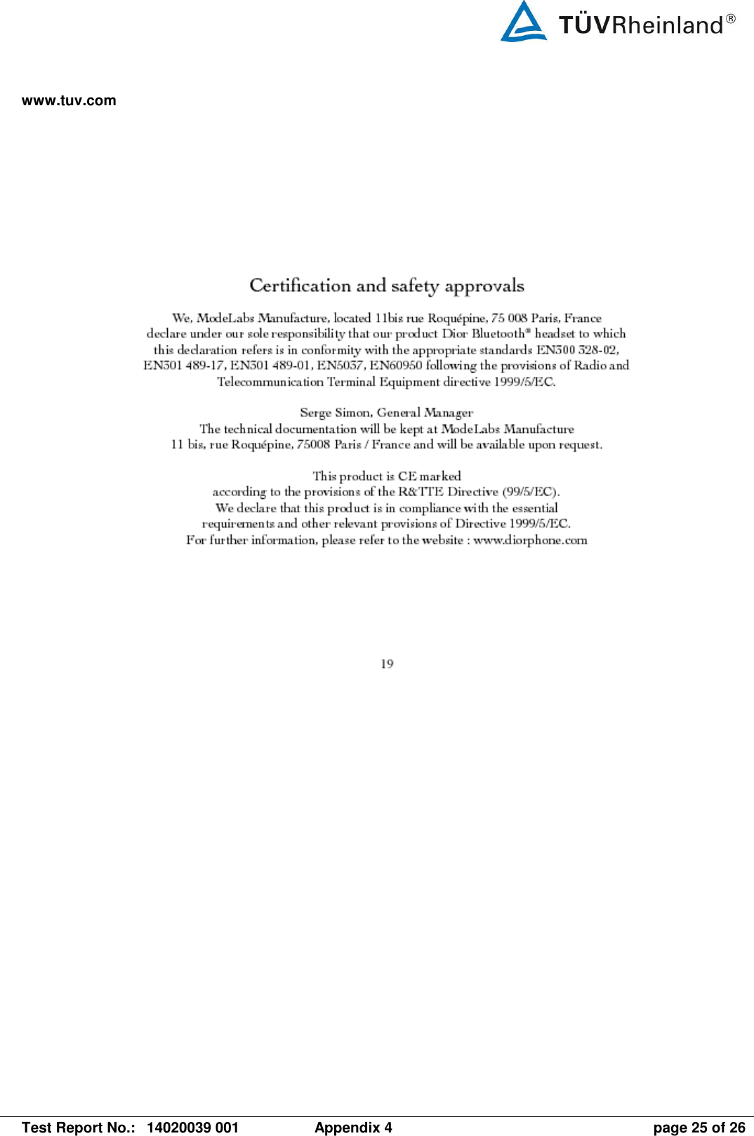 www.tuv.com   Test Report No.:  14020039 001  Appendix 4  page 25 of 26    