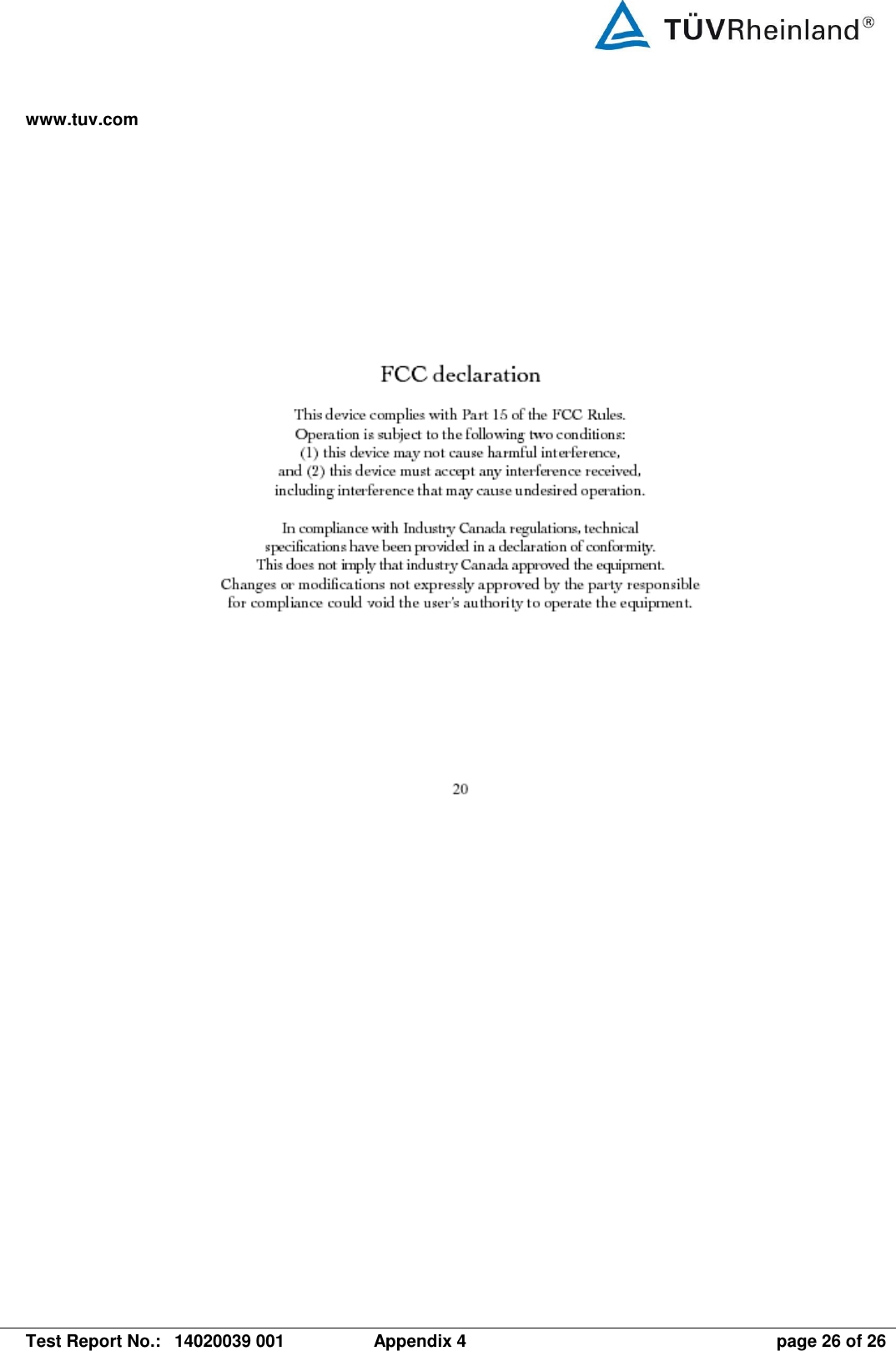 www.tuv.com   Test Report No.:  14020039 001  Appendix 4  page 26 of 26   