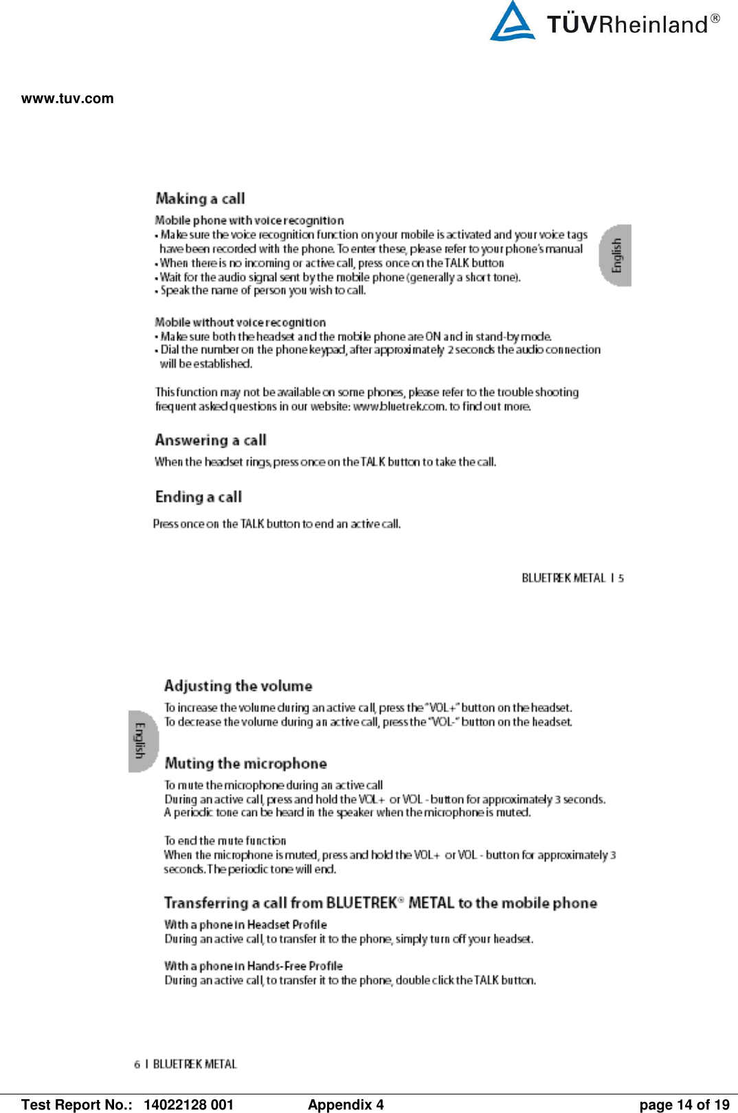 www.tuv.com   Test Report No.:  14022128 001  Appendix 4  page 14 of 19       