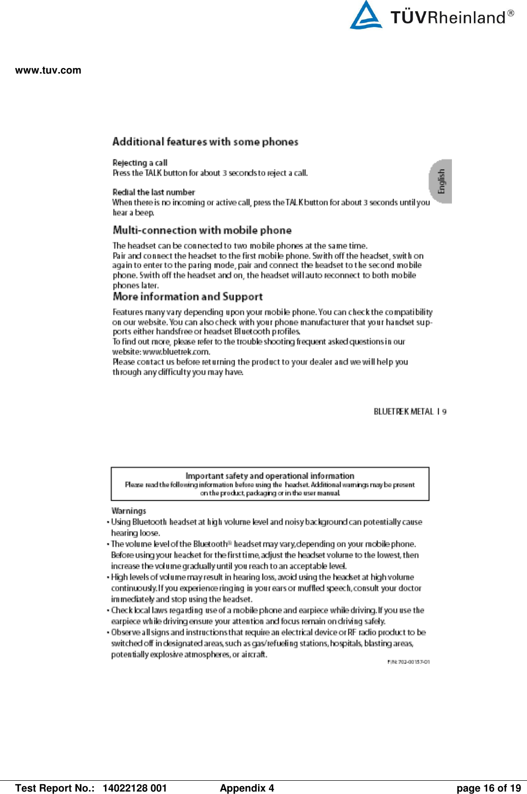 www.tuv.com   Test Report No.:  14022128 001  Appendix 4  page 16 of 19             