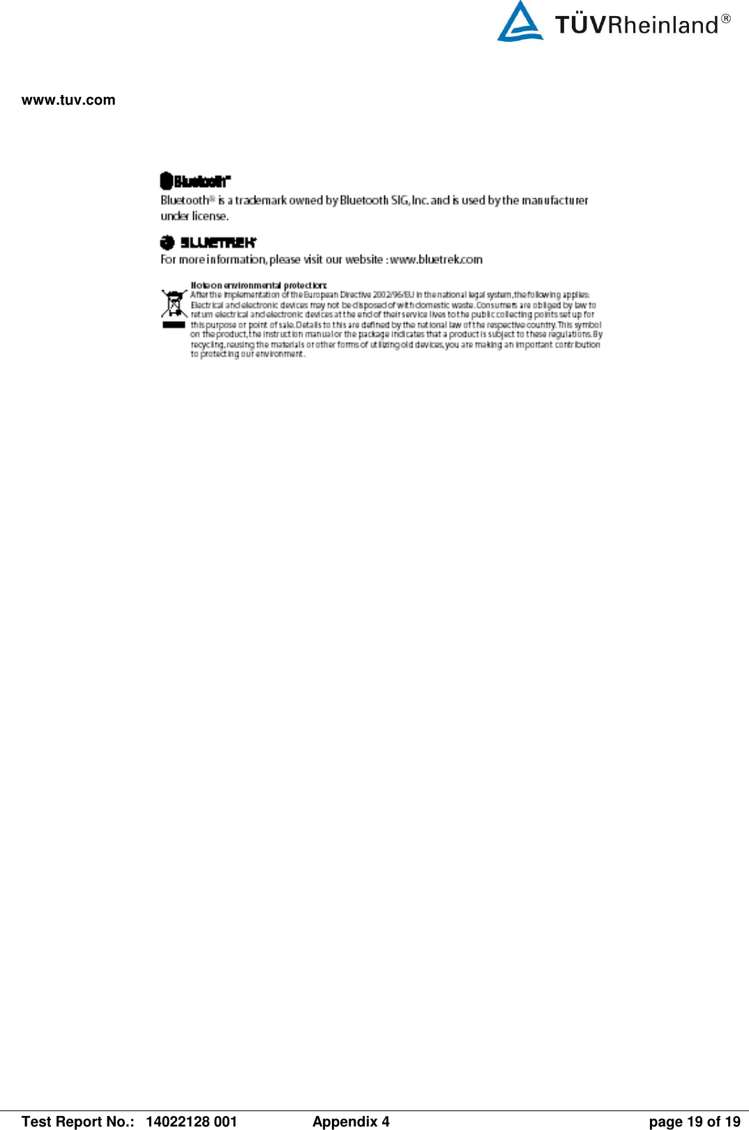 www.tuv.com   Test Report No.:  14022128 001  Appendix 4  page 19 of 19   