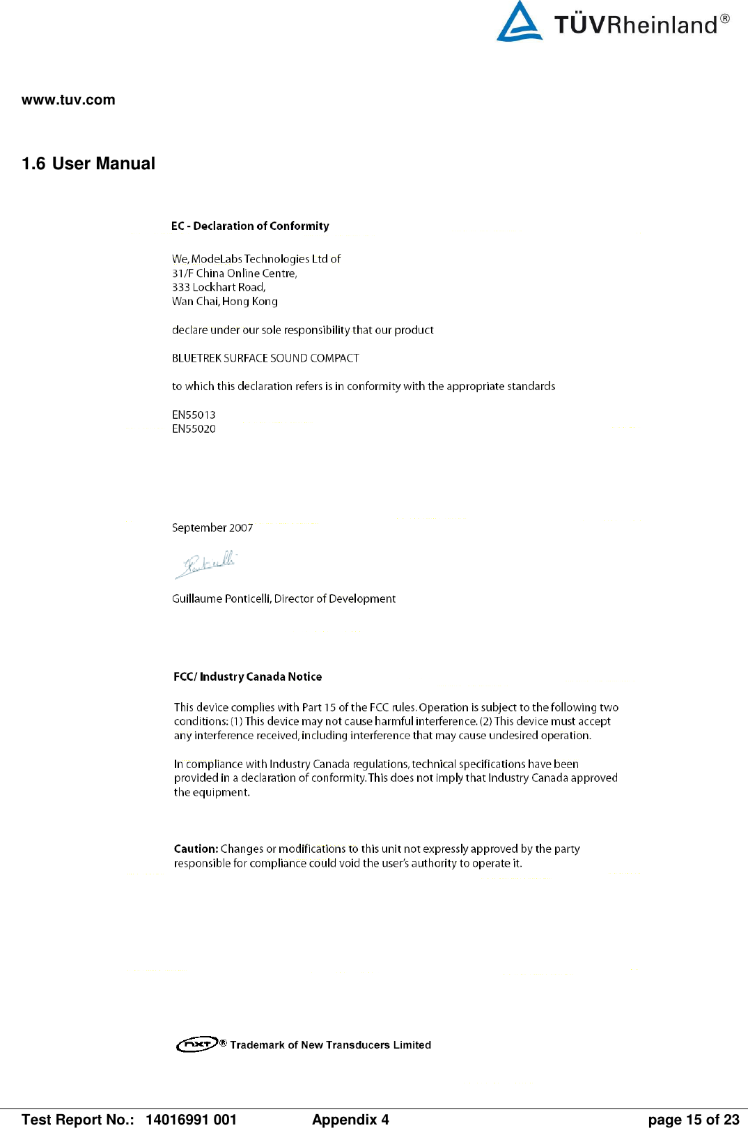 www.tuv.com   Test Report No.:  14016991 001  Appendix 4  page 15 of 23 1.6 User Manual      