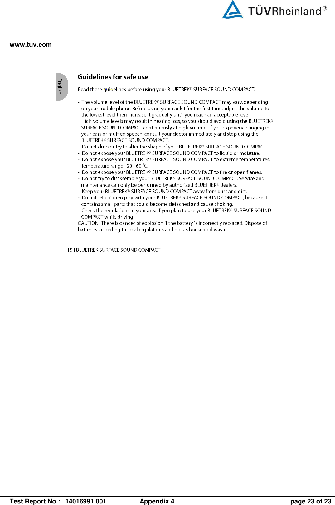 www.tuv.com   Test Report No.:  14016991 001  Appendix 4  page 23 of 23  