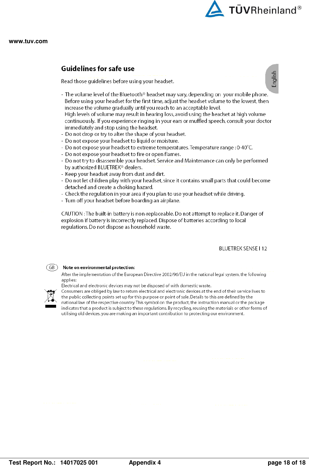 www.tuv.com   Test Report No.:  14017025 001  Appendix 4  page 18 of 18     