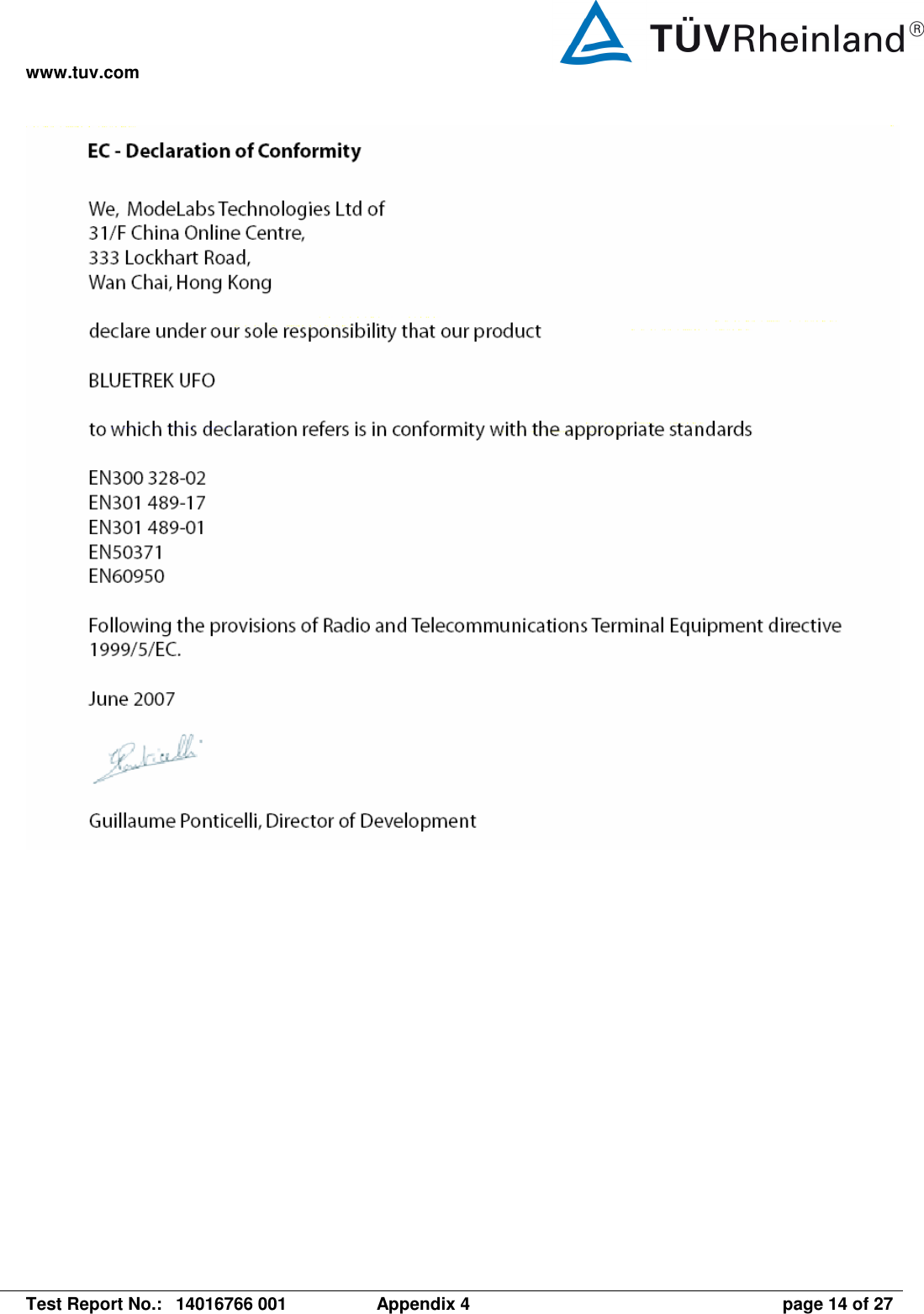 www.tuv.com   Test Report No.:  14016766 001  Appendix 4  page 14 of 27   