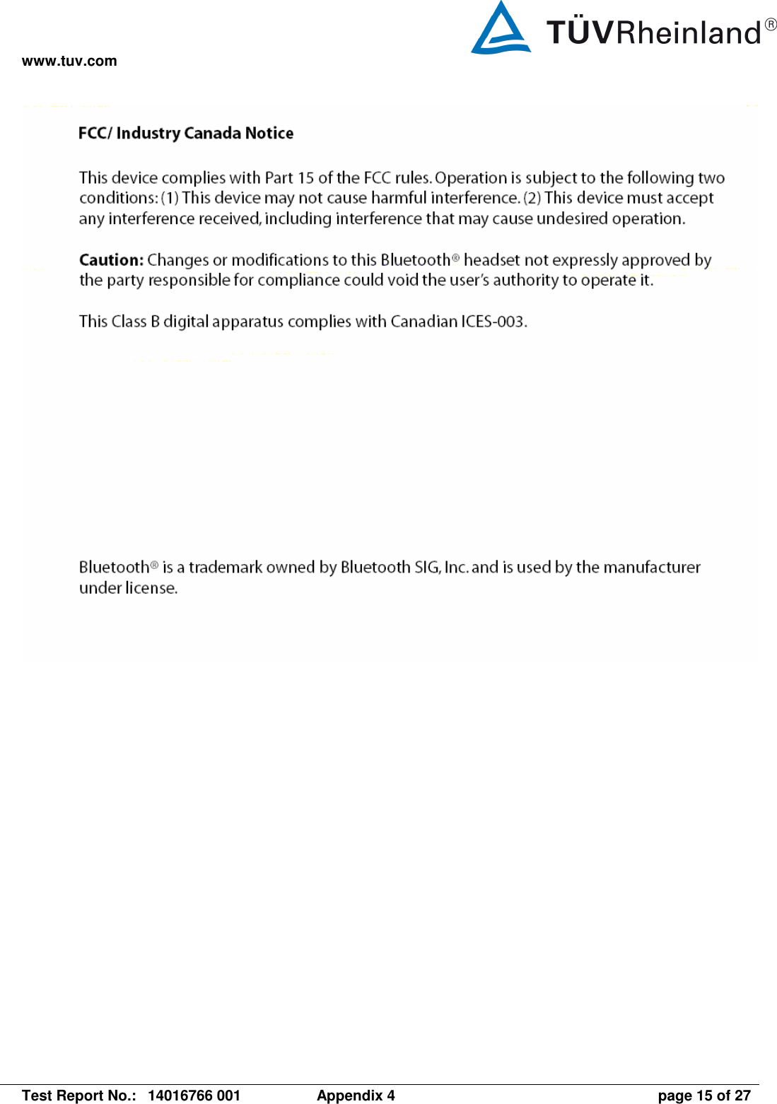 www.tuv.com   Test Report No.:  14016766 001  Appendix 4  page 15 of 27   