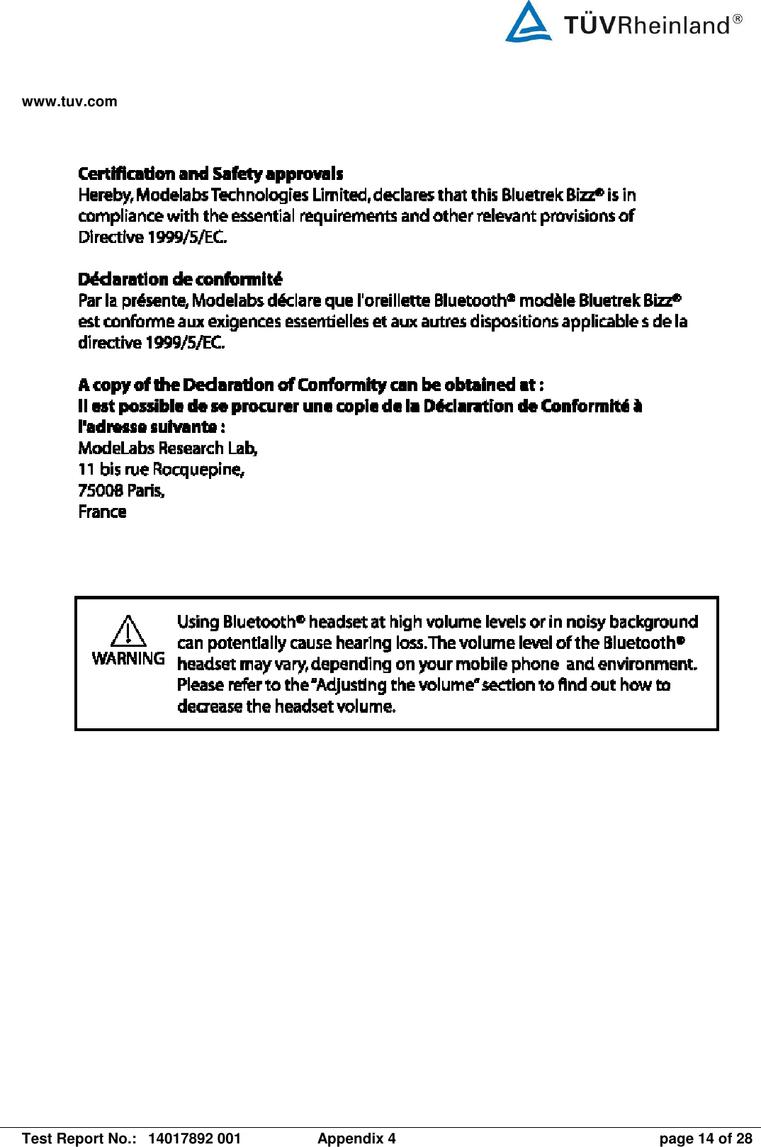 www.tuv.com   Test Report No.:  14017892 001  Appendix 4  page 14 of 28    