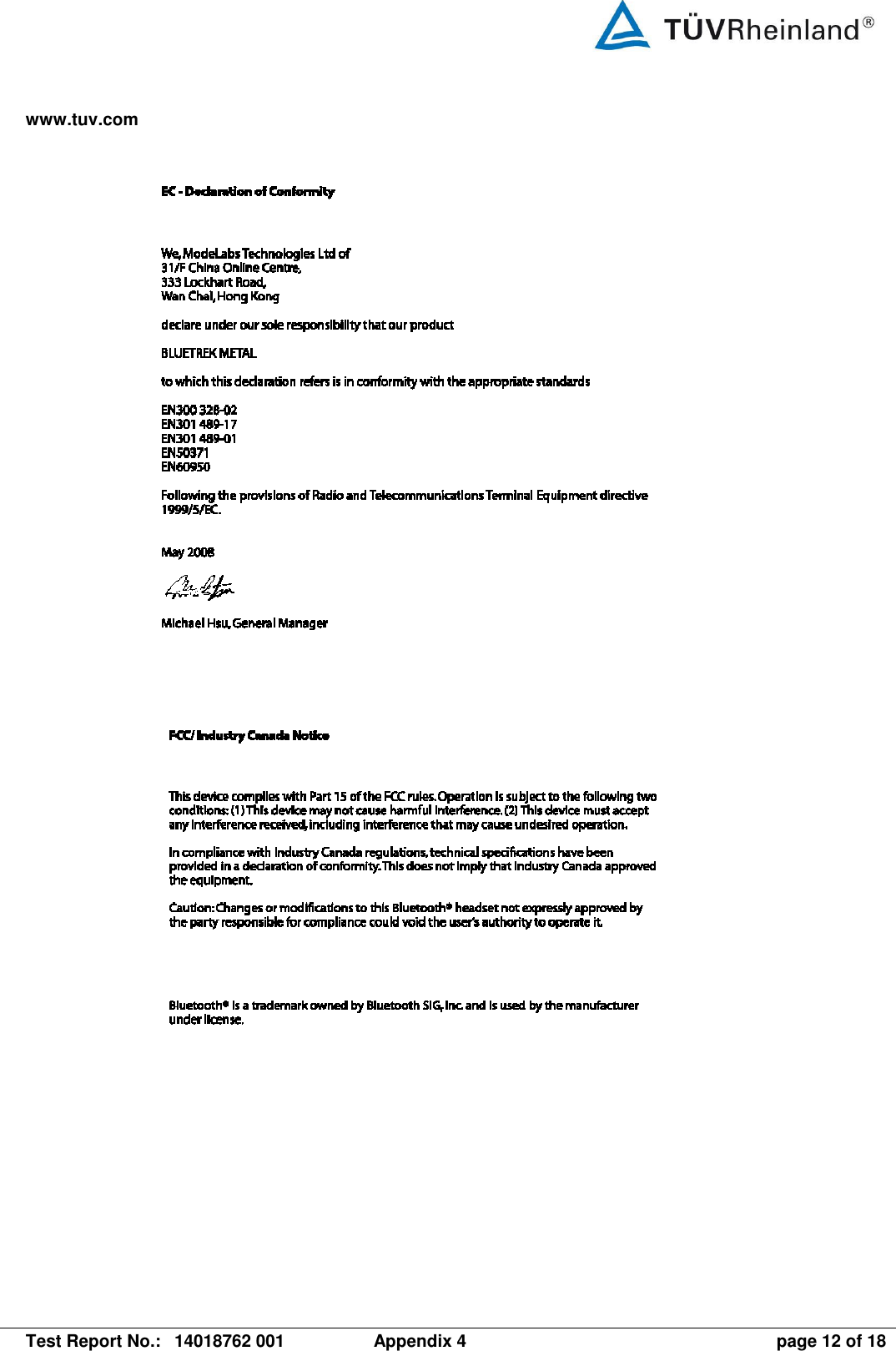 www.tuv.com   Test Report No.:  14018762 001  Appendix 4  page 12 of 18     