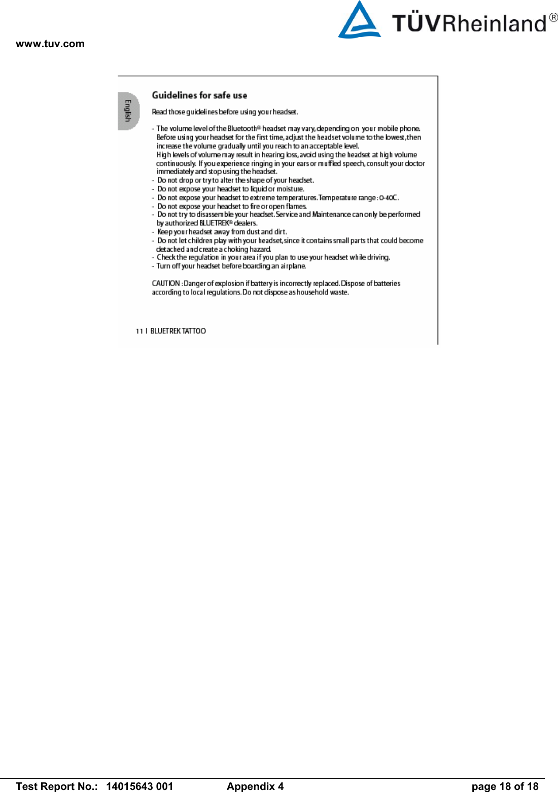 www.tuv.com   Test Report No.:  14015643 001  Appendix 4  page 18 of 18  