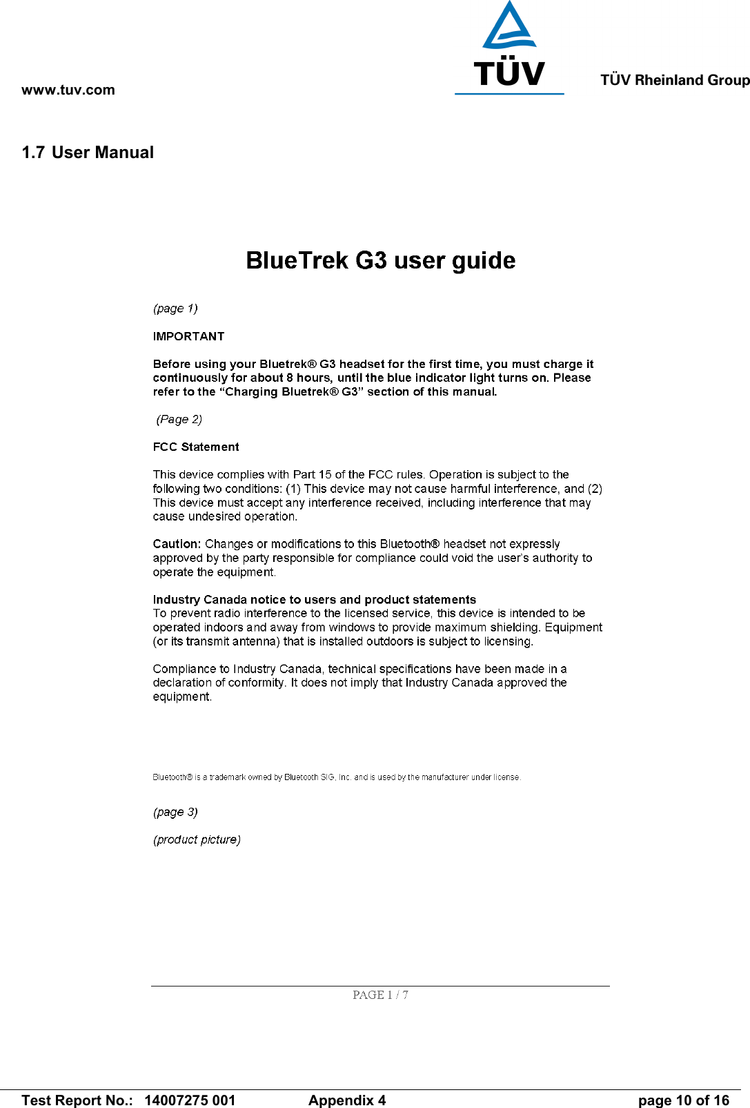 www.tuv.com   Test Report No.:  14007275 001  Appendix 4  page 10 of 16 1.7 User Manual  