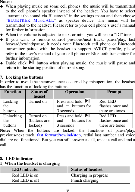 Notes:  When playing music on some cell phones, the music will be transmitted to  the  cell  phone’s  speaker  instead  of  the  headset.  You  have  to  select “transmit the sound via Bluetooth” in the settings menu and then choose “BLUETREK  MusiCALL”  as  speaker  device.  The  music  will  be transmitted to the headset. Please refer to your cell phone’s user’s manual for further information.  When the volume is adjusted to max. or min., you will hear a “DI” tone.  If  you  want  to  remote  control  previous/next  track,  pause/play,  fast forward/rewind/pause,  it  needs  your  Bluetooth cell phone  or  Bluetooth transmitter  paired  with  the  headset  to  support  AVRCP  profile,  please refer to the user’s manual of your cell phone or Bluetooth transmitter for further information.  Duble  click    button  when playing  music, the  music will pause  and return to the starting position of current song.  7. Locking the buttons In order to avoid the inconvenience occurred  by misoperation, the headset has the function of locking the buttons. Function Status of heaset  Operation  Prompt Locking the buttons Turned on  Press and hold   and － buttons for 3 seconds Red LED flashes once and there are tones Unlocking the buttons Turned on (buttons are locked) Press and hold   and  － buttons for 3 seconds Red LED flashes once and there are tones Note:  When  the  buttons  are  locked,  the  functions  of  pause/play, previous/next  track, fast forward/rewind/stop, redial last number and  voice dial are not functioned. But you can still answer a call, reject a call and end a call.   8. LED indicator 1) When the headset is charging LED indicator  Status of headset Red LED is on  Charging in progress Red LED is off  Finish charging  9 