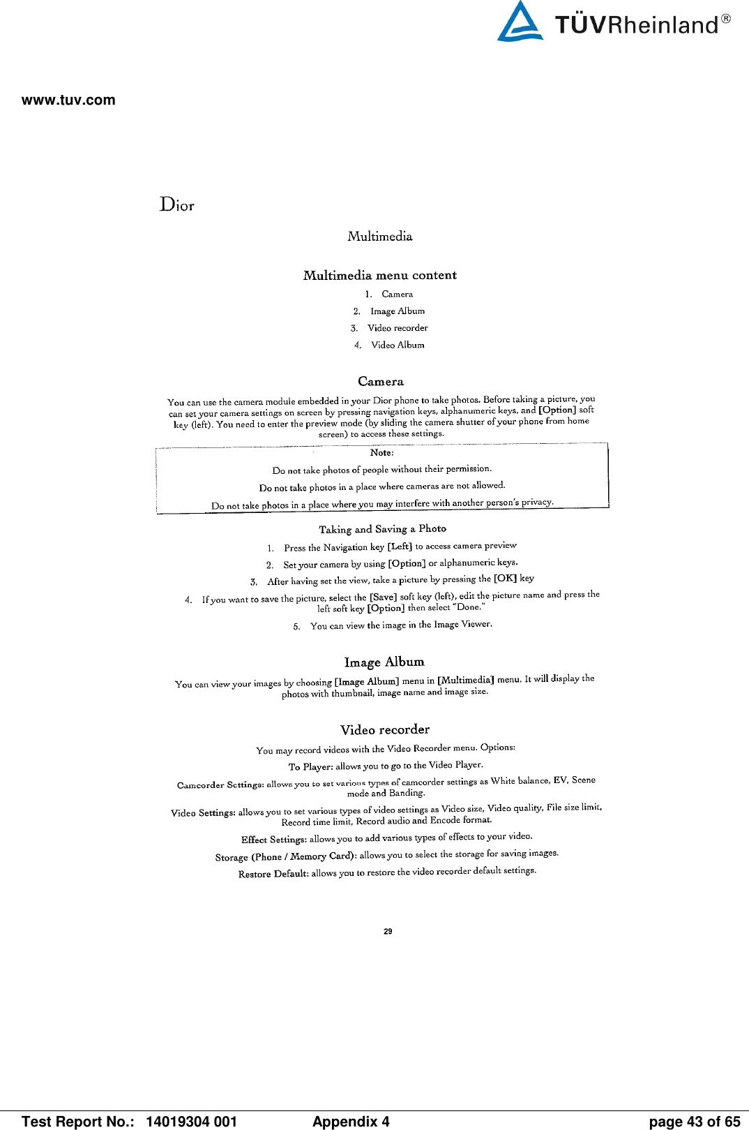 www.tuv.com   Test Report No.:  14019304 001  Appendix 4  page 43 of 65 