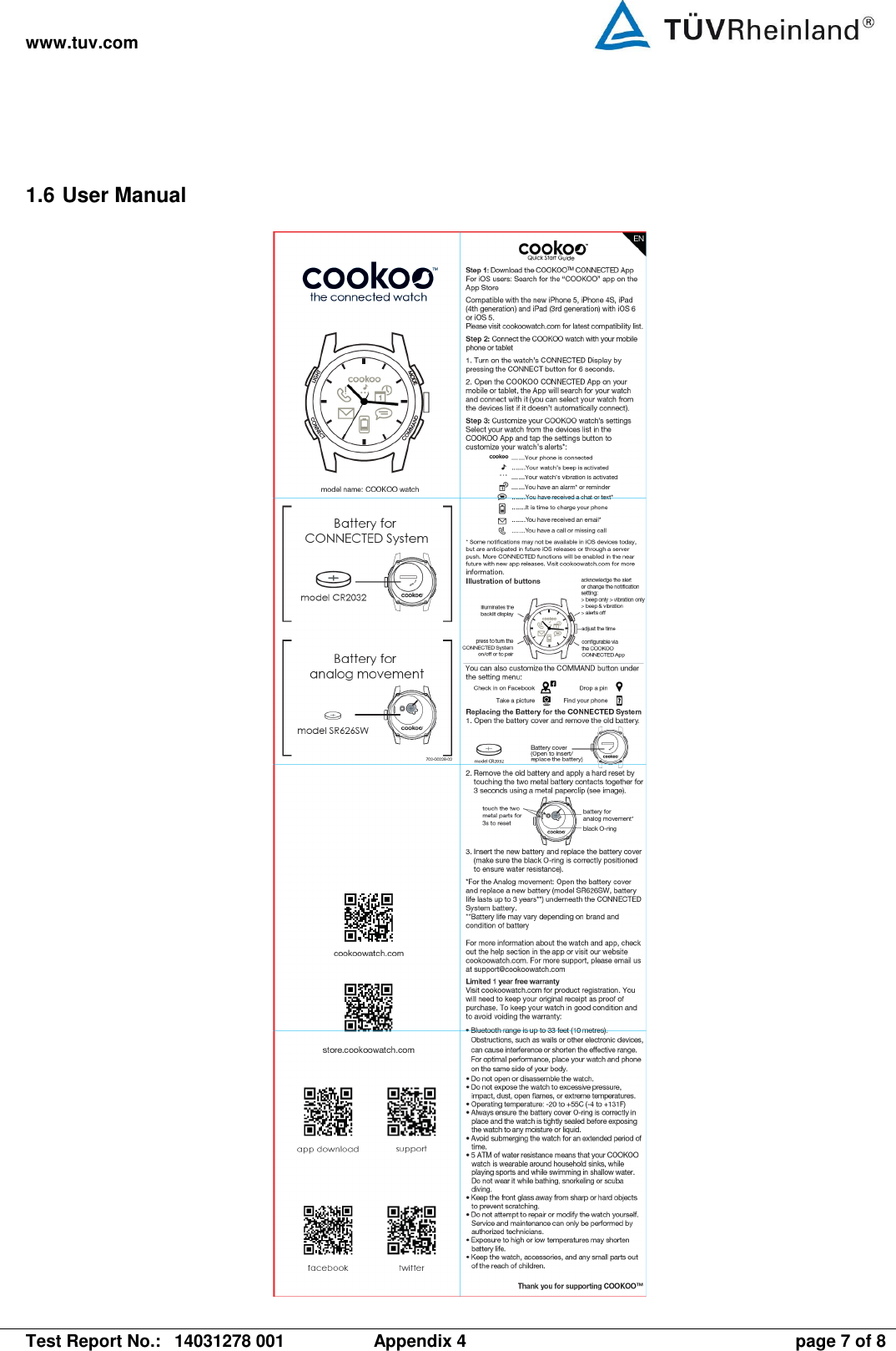 www.tuv.com   Test Report No.:  14031278 001  Appendix 4  page 7 of 8 1.6 User Manual  