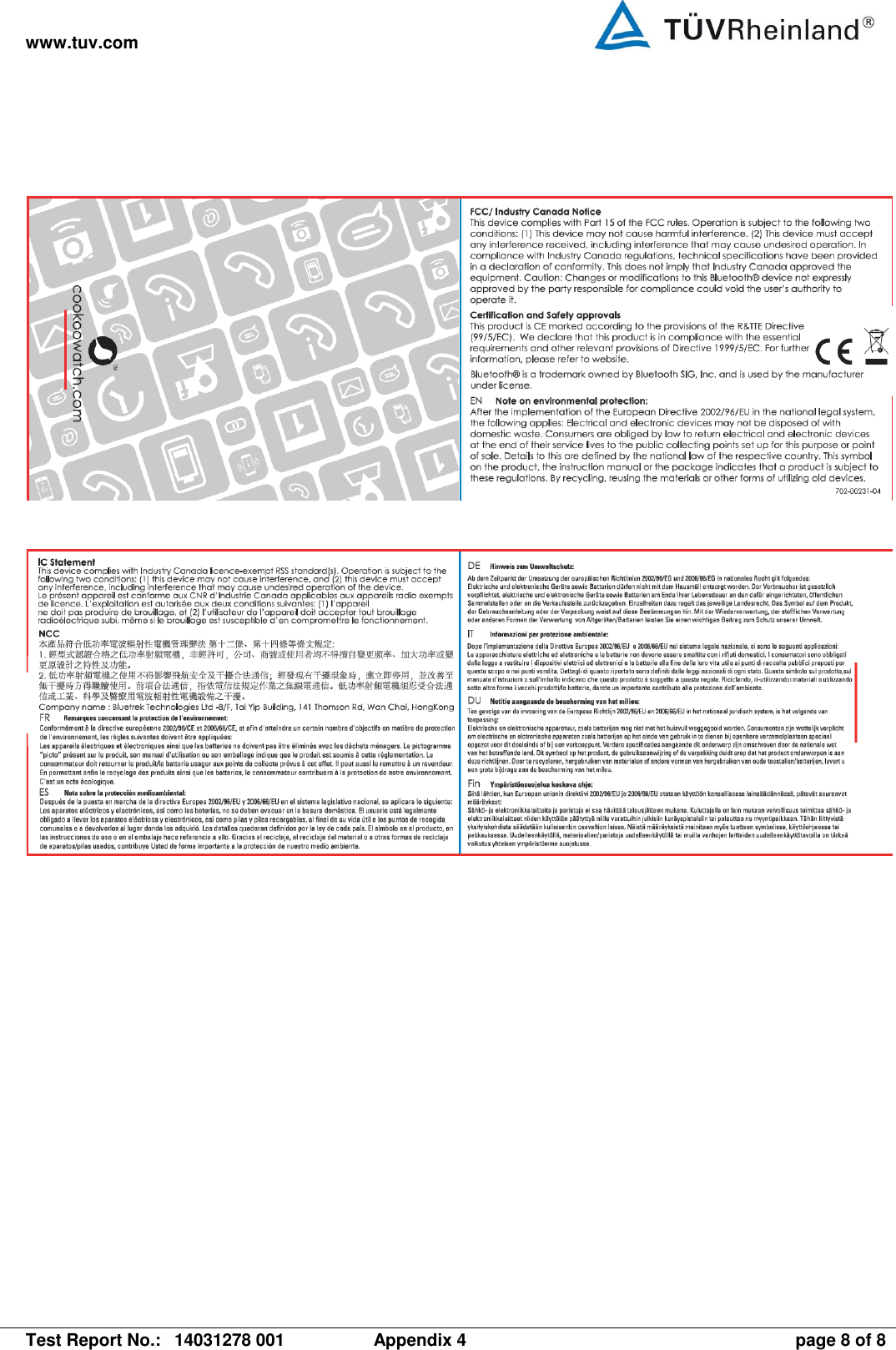 www.tuv.com   Test Report No.:  14031278 001  Appendix 4  page 8 of 8             