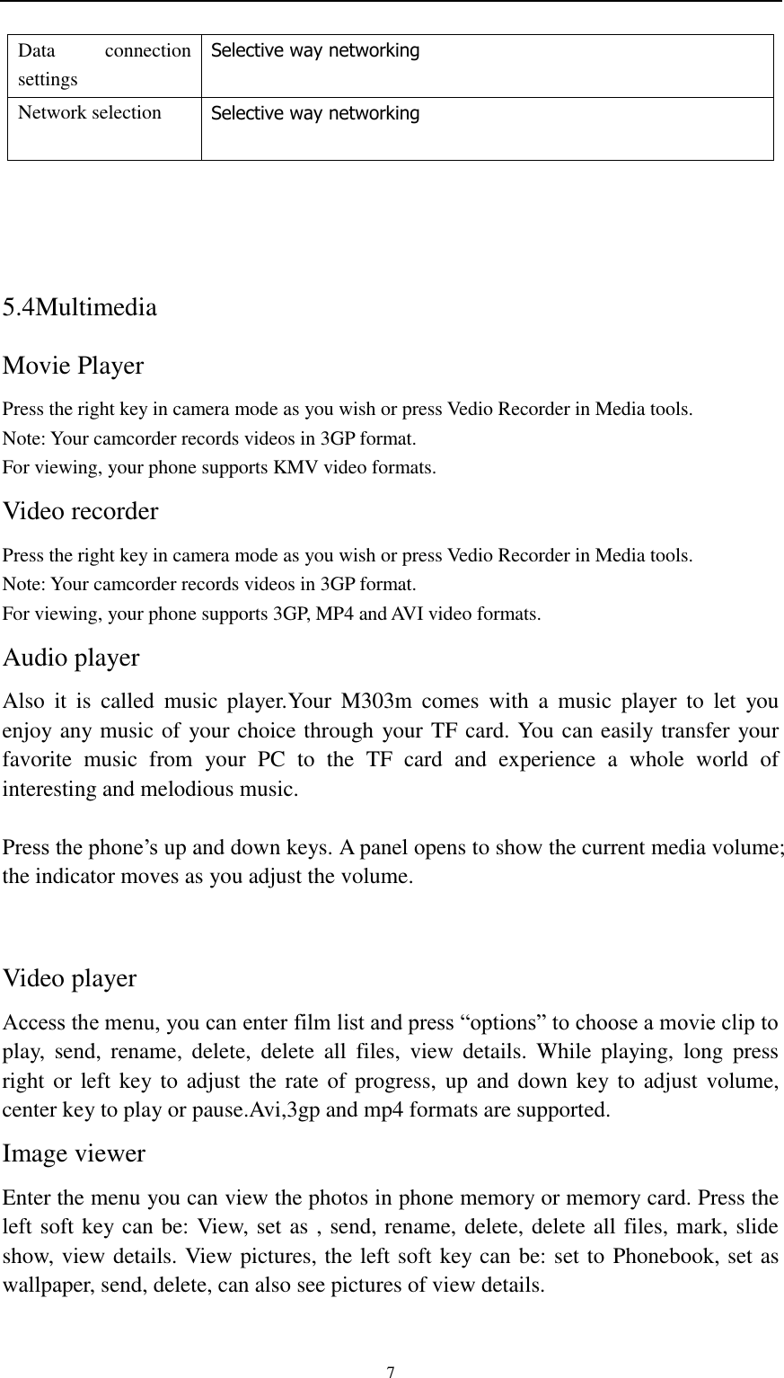                                                   7 Data  connection settings Selective way networking  Network selection Selective way networking    5.4Multimedia   Movie Player Press the right key in camera mode as you wish or press Vedio Recorder in Media tools. Note: Your camcorder records videos in 3GP format.   For viewing, your phone supports KMV video formats. Video recorder   Press the right key in camera mode as you wish or press Vedio Recorder in Media tools. Note: Your camcorder records videos in 3GP format.   For viewing, your phone supports 3GP, MP4 and AVI video formats. Audio player Also  it  is  called  music  player.Your  M303m  comes  with  a  music  player  to  let  you enjoy any music of your choice through your TF card. You can easily transfer your favorite  music  from  your  PC  to  the  TF  card  and  experience  a  whole  world  of interesting and melodious music.    Press the phone’s up and down keys. A panel opens to show the current media volume; the indicator moves as you adjust the volume.  Video player Access the menu, you can enter film list and press “options” to choose a movie clip to play,  send,  rename,  delete,  delete  all  files,  view  details.  While  playing,  long  press right or left key to adjust the rate of progress,  up and down key to adjust volume, center key to play or pause.Avi,3gp and mp4 formats are supported. Image viewer Enter the menu you can view the photos in phone memory or memory card. Press the left soft key can be: View, set as , send, rename, delete, delete all files, mark, slide show, view details. View pictures, the left soft key can be: set to Phonebook, set as wallpaper, send, delete, can also see pictures of view details. 