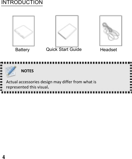    INTRODUCTION            Battery  NOTES    Quick Start Guide     Headset Actualaccessoriesdesignmaydifferfromwhatisrepresentedthisvisual.       4