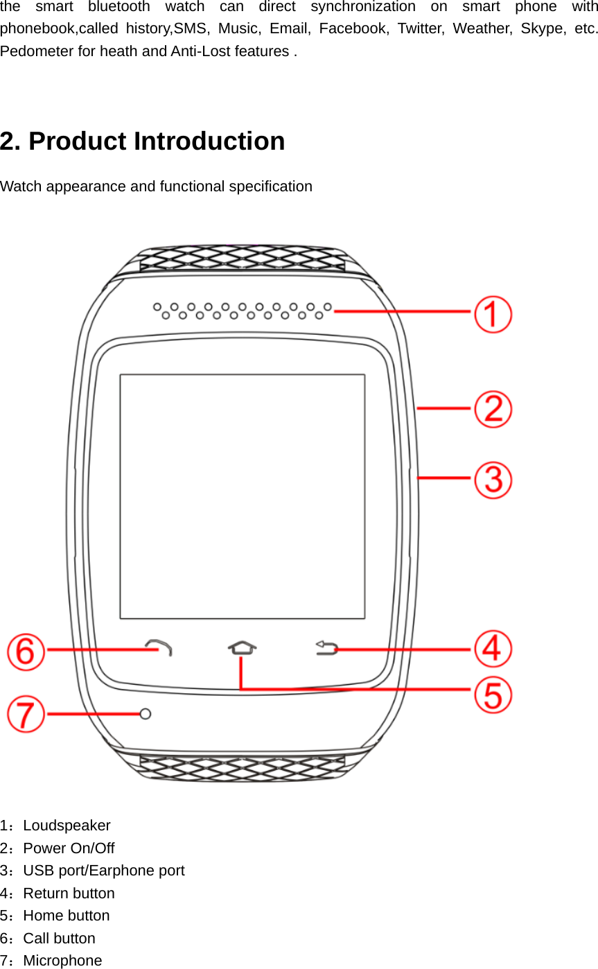 the smart bluetooth watch can direct synchronization on smart phone with phonebook,called history,SMS, Music, Email, Facebook, Twitter, Weather, Skype, etc. Pedometer for heath and Anti-Lost features .   2. Product Introduction Watch appearance and functional specification   1：Loudspeaker 2：Power On/Off 3：USB port/Earphone port 4：Return button 5：Home button 6：Call button 7：Microphone  