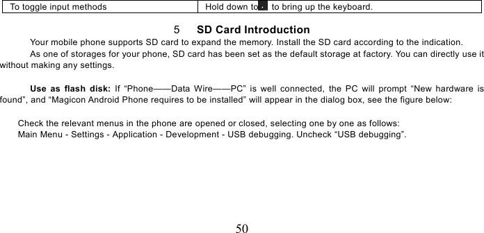   50 To toggle input methods  Hold down to   to bring up the keyboard.  5   SD Card Introduction Your mobile phone supports SD card to expand the memory. Install the SD card according to the indication.     As one of storages for your phone, SD card has been set as the default storage at factory. You can directly use it without making any settings.  Use as flash disk: If “Phone——Data Wire——PC” is well connected, the PC will prompt “New hardware is found”, and “Magicon Android Phone requires to be installed” will appear in the dialog box, see the figure below:  Check the relevant menus in the phone are opened or closed, selecting one by one as follows: Main Menu - Settings - Application - Development - USB debugging. Uncheck “USB debugging”. 