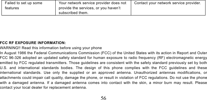   56 Failed to set up some features Your network service provider does not provide the services, or you haven’t subscribed them. Contact your network service provider.      FCC RF EXPOSURE INFORMATION: WARNING!! Read this information before using your phone In August 1986 the Federal Communications Commission (FCC) of the United States with its action in Report and Outer FCC 96-326 adopted an updated safety standard for human exposure to radio frequency (RF) electromagnetic energy emitted by FCC regulated transmitters. Those guidelines are consistent with the safety standard previously set by both U.S. and international standards bodies. The design of this phone complies with the FCC guidelines and these international standards. Use only the supplied or an approved antenna. Unauthorized antennas modifications, or attachments could impair call quality, damage the phone, or result in violation of FCC regulations. Do not use the phone with a damaged antenna. If a damaged antenna comes into contact with the skin, a minor burn may result. Please contact your local dealer for replacement antenna.  