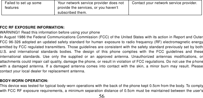   56 Failed to set up some features Your network service provider does not provide the services, or you haven’t subscribed them. Contact your network service provider.   FCC RF EXPOSURE INFORMATION: WARNING!! Read this information before using your phone In August 1986 the Federal Communications Commission (FCC) of the United States with its action in Report and Outer FCC 96-326 adopted an updated safety standard for human exposure to radio frequency (RF) electromagnetic energy emitted by FCC regulated transmitters. Those guidelines are consistent with the safety standard previously set by both U.S.  and  international  standards  bodies.  The  design  of  this  phone  complies  with  the  FCC  guidelines  and  these international  standards.  Use  only  the  supplied  or  an  approved  antenna.  Unauthorized  antennas  modifications,  or attachments could impair call quality, damage the phone, or result in violation of FCC regulations. Do not use the phone with  a  damaged  antenna.  If  a  damaged  antenna  comes  into  contact  with  the  skin,  a  minor  burn  may  result.  Please contact your local dealer for replacement antenna.  BODY-WORN OPERATION: This device was tested for typical body-worn operations with the back of the phone kept 0.5cm from the body. To comply with FCC RF exposure requirements, a minimum separation distance of 0.5cm must be maintained between the user&apos;s 