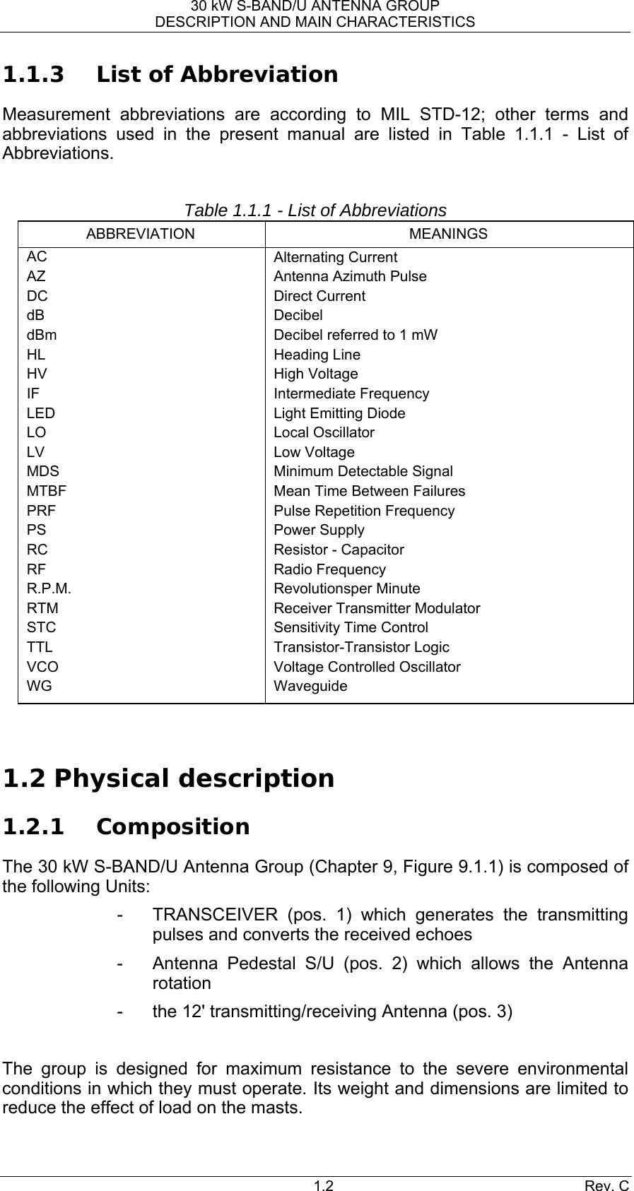 30 kW S-BAND/U ANTENNA GROUP DESCRIPTION AND MAIN CHARACTERISTICS 1.2 Rev. C 1.1.3 List of Abbreviation Measurement abbreviations are according to MIL STD-12; other terms and abbreviations used in the present manual are listed in Table 1.1.1 - List of Abbreviations.  Table 1.1.1 - List of Abbreviations ABBREVIATION MEANINGS AC AZ DC dB dBm HL HV IF LED LO LV MDS MTBF PRF PS RC RF R.P.M. RTM STC TTL VCO WG Alternating Current Antenna Azimuth Pulse Direct Current Decibel Decibel referred to 1 mW Heading Line High Voltage Intermediate Frequency Light Emitting Diode Local Oscillator Low Voltage Minimum Detectable Signal Mean Time Between Failures Pulse Repetition Frequency Power Supply Resistor - Capacitor Radio Frequency Revolutionsper Minute Receiver Transmitter Modulator Sensitivity Time Control Transistor-Transistor Logic Voltage Controlled Oscillator Waveguide     1.2 Physical description 1.2.1 Composition The 30 kW S-BAND/U Antenna Group (Chapter 9, Figure 9.1.1) is composed of the following Units: -  TRANSCEIVER (pos. 1) which generates the transmitting pulses and converts the received echoes -  Antenna Pedestal S/U (pos. 2) which allows the Antenna rotation -  the 12&apos; transmitting/receiving Antenna (pos. 3)  The group is designed for maximum resistance to the severe environmental conditions in which they must operate. Its weight and dimensions are limited to reduce the effect of load on the masts. 