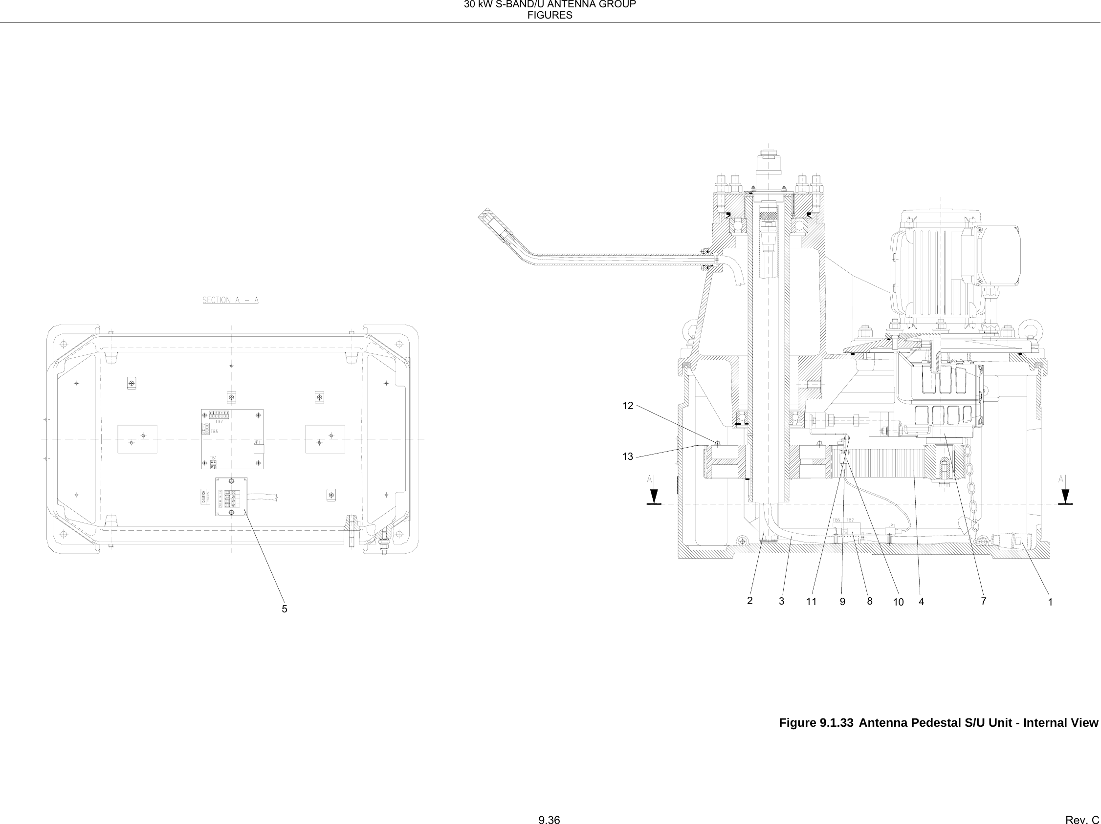 30 kW S-BAND/U ANTENNA GROUP FIGURES 9.36  Rev. C                                                            Figure 9.1.33 Antenna Pedestal S/U Unit - Internal View 7 9  8  4 3  1 12 13 11  10 5  2 