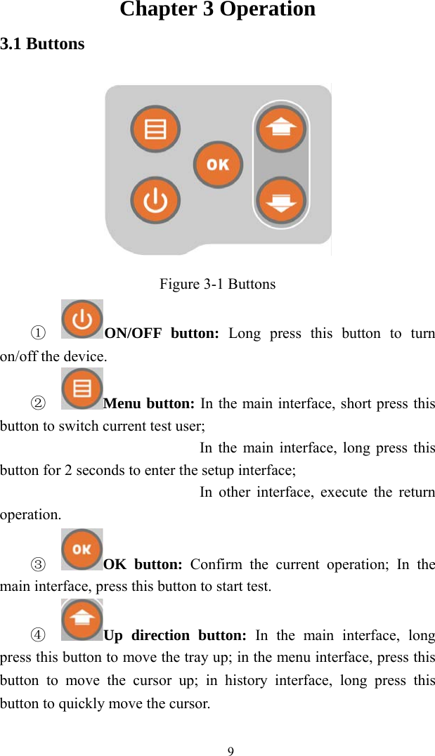   9Chapter 3 Operation 3.1 Buttons  Figure 3-1 Buttons ①  ON/OFF button: Long press this button to turn on/off the device. ②  Menu button: In the main interface, short press this button to switch current test user;                       In the main interface, long press this button for 2 seconds to enter the setup interface;                       In other interface, execute the return operation. ③  OK button: Confirm the current operation; In the main interface, press this button to start test. ④  Up direction button: In the main interface, long press this button to move the tray up; in the menu interface, press this button to move the cursor up; in history interface, long press this button to quickly move the cursor. 