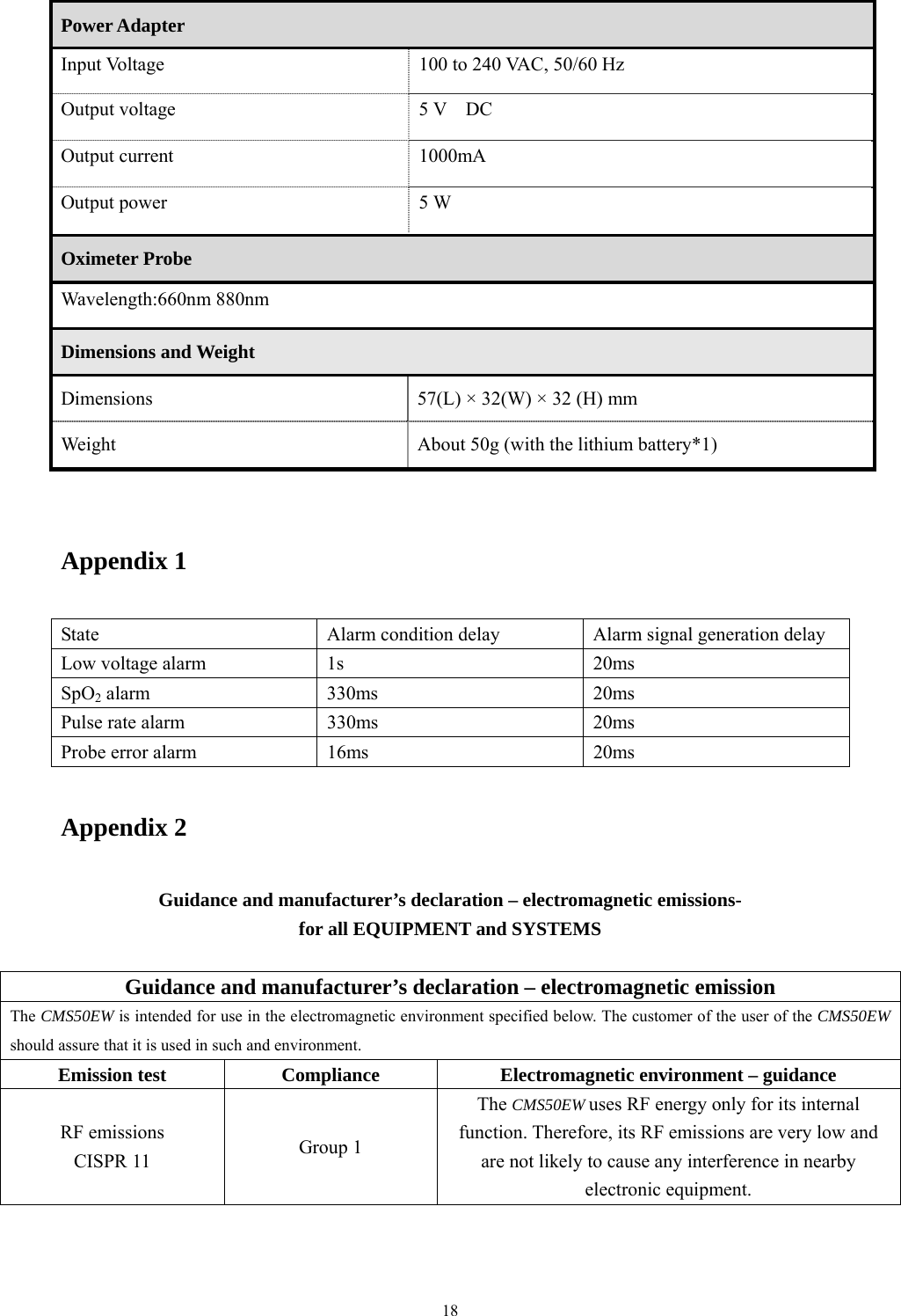 18 Power Adapter Input Voltage   100 to 240 VAC, 50/60 Hz Output voltage     5 V    DC Output current   1000mA Output power   5 W Oximeter Probe Wavelength:660nm 880nm Dimensions and Weight Dimensions  57(L) × 32(W) × 32 (H) mm Weight  About 50g (with the lithium battery*1)  Appendix 1 State  Alarm condition delay  Alarm signal generation delay Low voltage alarm  1s  20ms SpO2 alarm  330ms  20ms Pulse rate alarm  330ms  20ms Probe error alarm  16ms  20ms Appendix 2 Guidance and manufacturer’s declaration – electromagnetic emissions- for all EQUIPMENT and SYSTEMS    Guidance and manufacturer’s declaration – electromagnetic emission The CMS50EW is intended for use in the electromagnetic environment specified below. The customer of the user of the CMS50EW should assure that it is used in such and environment. Emission test  Compliance  Electromagnetic environment – guidance RF emissions CISPR 11  Group 1 The CMS50EW uses RF energy only for its internal function. Therefore, its RF emissions are very low and are not likely to cause any interference in nearby electronic equipment. 