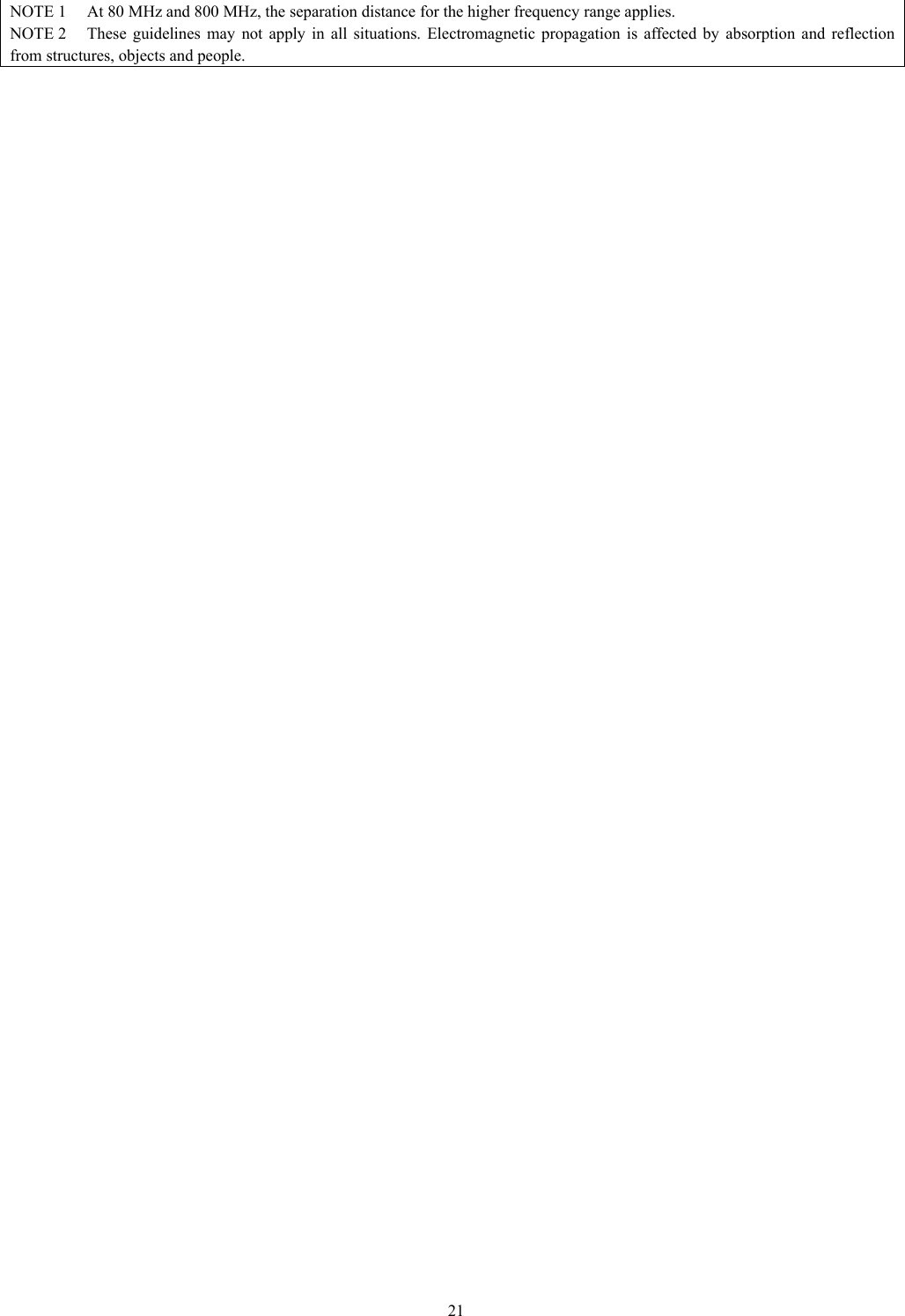 21   NOTE 1  At 80 MHz and 800 MHz, the separation distance for the higher frequency range applies. NOTE 2  These guidelines may not apply in all situations. Electromagnetic propagation is affected by absorption and reflection from structures, objects and people. 