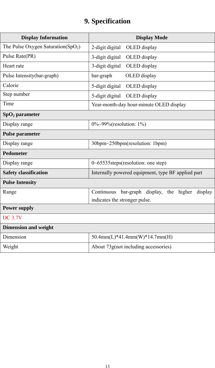    139. Specification Display Information  Display Mode The Pulse Oxygen Saturation(SpO2)  2-digit digital  OLED display Pulse Rate(PR)  3-digit digital  OLED display Heart rate  3-digit digital    OLED display Pulse Intensity(bar-graph)  bar-graph     OLED display Calorie  5-digit digital  OLED display Step number  5-digit digital  OLED display Time  Year-month-day hour-minute OLED display SpO2 parameter Display range  0%~99%(resolution: 1%) Pulse parameter Display range  30bpm~250bpm(resolution: 1bpm) Pedometer Display range  0~65535steps(resolution: one step) Safety classification Internally powered equipment, type BF applied part Pulse Intensity Range  Continuous bar-graph display, the higher display indicates the stronger pulse. Power supply DC 3.7V Dimension and weight Dimension 50.4mm(L)*41.4mm(W)*14.7mm(H) Weight  About 73g(not including accessories)             