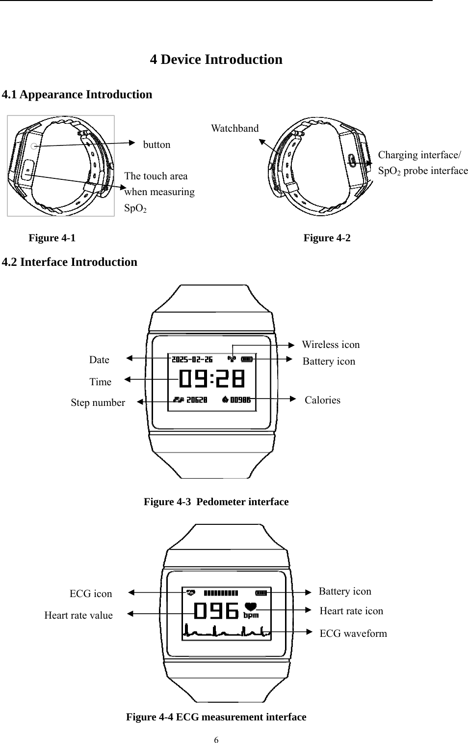    6 4 Device Introduction 4.1 Appearance Introduction                                   Figure 4-1                                     Figure 4-2 4.2 Interface Introduction  Figure 4-3 Pedometer interface  Figure 4-4 ECG measurement interface Calories Battery icon Wireless icon Step number Time Date Heart rate value ECG icon ECG waveform Heart rate icon Battery icon Charging interface/ SpO2 probe interface The touch area when measuring SpO2 Watchbandbutton 