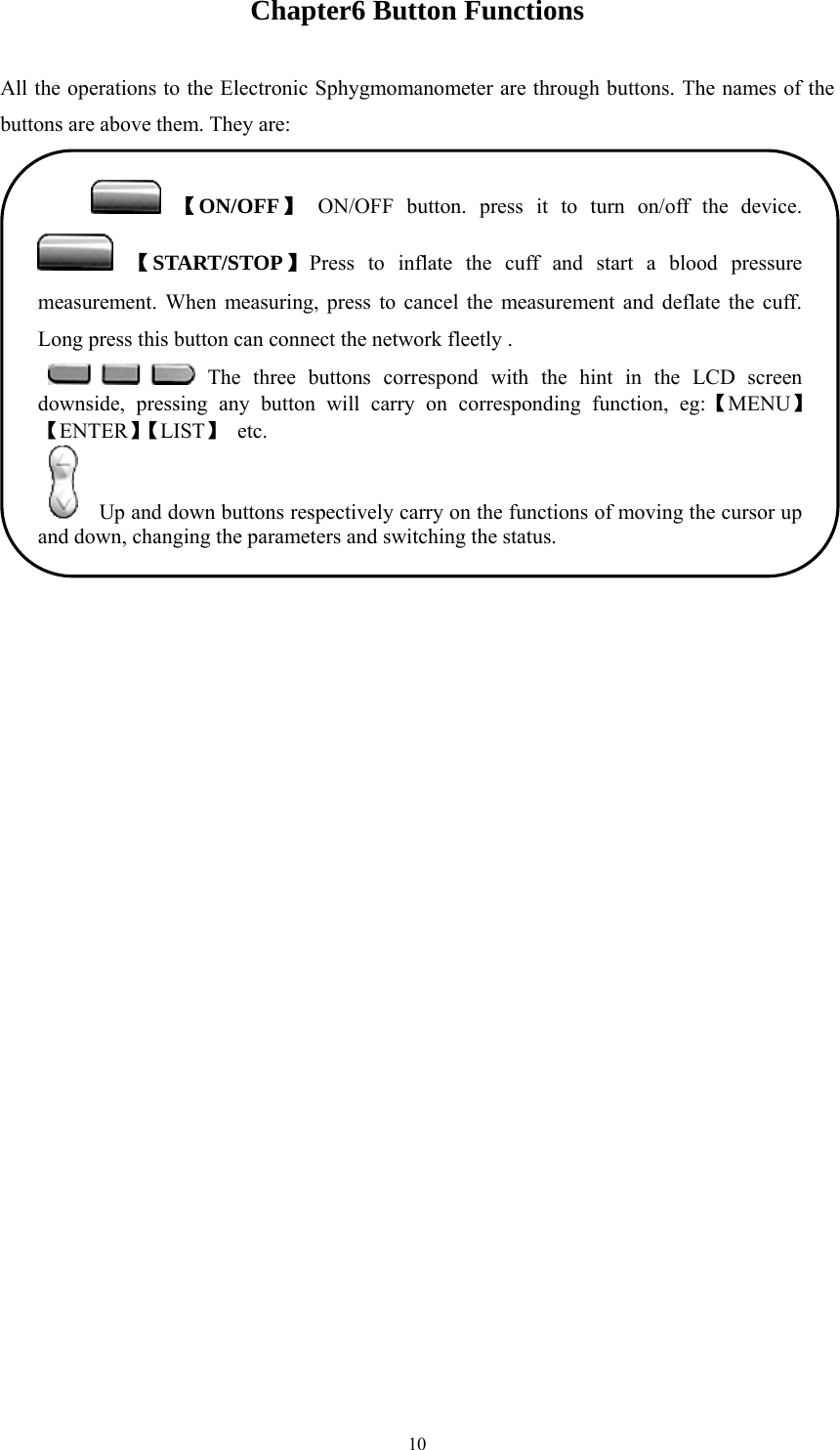  10Chapter6 Button Functions All the operations to the Electronic Sphygmomanometer are through buttons. The names of the buttons are above them. They are:       【ON/OFF】 ON/OFF button. press it to turn on/off the device.  【START/STOP】Press to inflate the cuff and start a blood pressure measurement. When measuring, press to cancel the measurement and deflate the cuff. Long press this button can connect the network fleetly .     The three buttons correspond with the hint in the LCD screen downside, pressing any button will carry on corresponding function, eg:【MENU】【ENTER】【LIST】 etc.      Up and down buttons respectively carry on the functions of moving the cursor up and down, changing the parameters and switching the status.