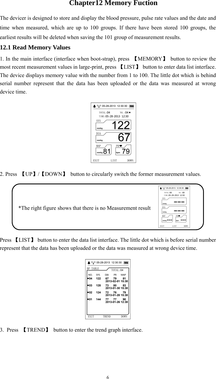  6Chapter12 Memory Fuction The devicer is designed to store and display the blood pressure, pulse rate values and the date and time when measured, which are up to 100 groups. If there have been stored 100 groups, the earliest results will be deleted when saving the 101 group of measurement results. 12.1 Read Memory Values 1. In the main interface (interface when boot-strap), press  【MEMORY】  button to review the most recent measurement values in large-print, press 【LIST】  button to enter data list interface. The device displays memory value with the number from 1 to 100. The little dot which is behind serial number represent that the data has been uploaded or the data was measured at wrong device time.    2. Press  【UP】/【DOWN】  button to circularly switch the former measurement values.  Press 【LIST】  button to enter the data list interface. The little dot which is before serial number represent that the data has been uploaded or the data was measured at wrong device time.    3. Press 【TREND】  button to enter the trend graph interface.  *The right figure shows that there is no Measurement result 