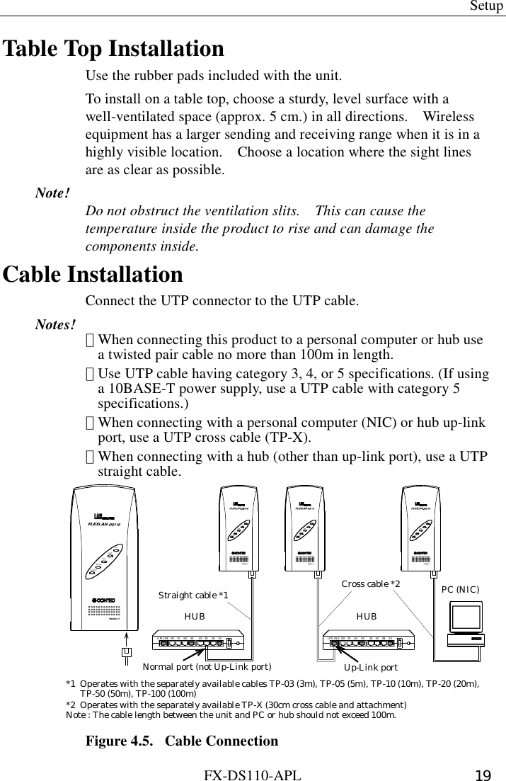  Setup FX-DS110-APL  19 Table Top Installation Use the rubber pads included with the unit.   To install on a table top, choose a sturdy, level surface with a well-ventilated space (approx. 5 cm.) in all directions.    Wireless equipment has a larger sending and receiving range when it is in a highly visible location.    Choose a location where the sight lines are as clear as possible. Note!  Do not obstruct the ventilation slits.    This can cause the temperature inside the product to rise and can damage the components inside. Cable Installation Connect the UTP connector to the UTP cable. Notes!  ･ When connecting this product to a personal computer or hub use a twisted pair cable no more than 100m in length. ･ Use UTP cable having category 3, 4, or 5 specifications. (If using a 10BASE-T power supply, use a UTP cable with category 5 specifications.) ･ When connecting with a personal computer (NIC) or hub up-link port, use a UTP cross cable (TP-X). ･ When connecting with a hub (other than up-link port), use a UTP straight cable. POWERWRXWLINKLINKRXPOWERWRXWLINKLINKRX*1  Operates with the separately available cables TP-03 (3m), TP-05 (5m), TP-10 (10m), TP-20 (20m),TP-50 (50m), TP-100 (100m)*2  Operates with the separately available TP-X (30cm cross cable and attachment)Note : The cable length between the unit and PC or hub should not exceed 100m.POWERWRXWLINKLINKRXPC (NIC)HUBUPL INK  8X    7X    6 X    5X       4X    3X   2X     1XCross cable *2Up-Link portNormal port (not Up-Link port)POWERWRXWLINKLIN KRXHUBUPLI NK  8X    7X    6 X    5X       4X    3X   2X    1XStraight cable *1 Figure 4.5.  Cable Connection 