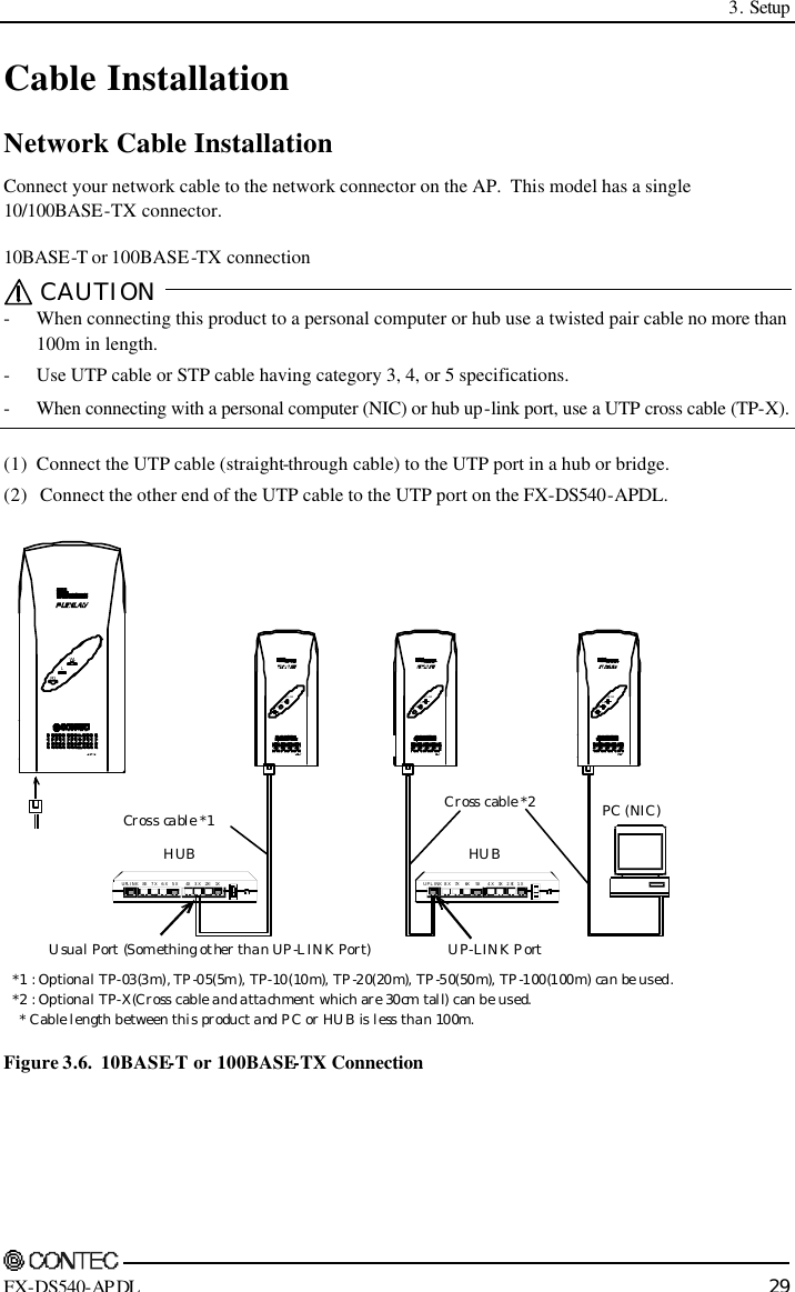  3. Setup    FX-DS540-APDL 29 Cable Installation Network Cable Installation Connect your network cable to the network connector on the AP.  This model has a single 10/100BASE-TX connector. 10BASE-T or 100BASE-TX connection CAUTION  - When connecting this product to a personal computer or hub use a twisted pair cable no more than 100m in length. - Use UTP cable or STP cable having category 3, 4, or 5 specifications. - When connecting with a personal computer (NIC) or hub up-link port, use a UTP cross cable (TP-X).  (1) Connect the UTP cable (straight-through cable) to the UTP port in a hub or bridge. (2) Connect the other end of the UTP cable to the UTP port on the FX-DS540-APDL. POWERWLANLANPOWERWLANLANPOWERWLANLANPOWLLUPLINK  8X   7X    6X    5X      4X   3X   2X    1X* Cable length between this product and PC or HUB is less than 100m.*1 : Optional TP-03(3m), TP-05(5m), TP-10(10m), TP-20(20m), TP-50(50m), TP-100(100m) can be used.*2 : Optional TP-X(Cross cable and attachment which are 30cm tall) can be used.PC (NIC)HUBCross cable *2UP-LINK PortUsual Port (Something other than UP-LINK Port)HUBUPLINK  8X   7X    6X    5X      4X   3X   2X    1XCross cable *1 Figure 3.6.  10BASE-T or 100BASE-TX Connection 