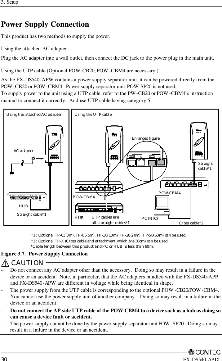 3. Setup        30 FX-DS540-APDL Power Supply Connection This product has two methods to supply the power. Using the attached AC adapter Plug the AC adapter into a wall outlet, then connect the DC jack to the power plug in the main unit. Using the UTP cable (Optional POW-CB20, POW -CBM4 are necessary.) As the FX-DS540-APW contains a power supply separator unit, it can be powered directly from the POW -CB20 or POW -CBM4.  Power supply separator unit  POW-SP20 is not used. To supply power to the unit using a UTP cable, refer to the PW-CB20 or POW -CBM4’s instruction manual to connect it correctly.  And use UTP cable having category 5. Using the attached AC adapterUsing the UTP cableAC adapterHUB*Cable length between this product and PC or HUB is less than 90m.*1 : Optional TP-03(3m), TP-05(5m), TP-10(10m), TP-20(20m), TP-50(50m) can be used.*2 : Optional TP-X (Cross cable and attachment which are 30cm) can be used.UPLINK  8X   7X    6X    5X      4X   3X   2X    1XStraight cable*1Cross cable*2Straightcable*1PC (NIC)Enlarged figurePOW-CBM4POW-CBM4HUBUTP cables areall staraight cables*1POWERWLANLANPOWERWLANLANPOWERWLANLANUPLINK  8X   7X    6X    5X      4X   3X   2X    1XAPHUBAPHUB Figure 3.7.  Power Supply Connection CAUTION  - Do not connect any AC adapter other than the accessory.  Doing so may result in a failure in the device or an accident.  Note, in particular, that the AC adapters bundled with the FX-DS540-APP and FX-DS540-APW are different in voltage while being identical in shape. - The power supply from the UTP cable is corresponding to the optional POW -CB20/POW -CBM4. You cannot use the power supply unit of another company.   Doing so may result in a failure in the device or an accident. - Do not connect the AP-side UTP cable of the POW-CBM4 to a device such as a hub as doing so can cause a device fault or accident. - The power supply cannot be done by the power supply separator unit POW -SP20.  Doing so may result in a failure in the device or an accident.  