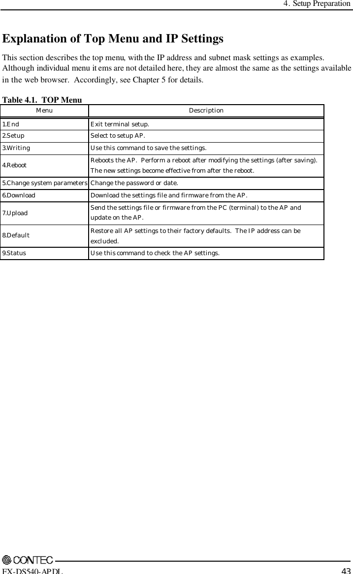  4. Setup Preparation    FX-DS540-APDL 43 Explanation of Top Menu and IP Settings This section describes the top menu, with the IP address and subnet mask settings as examples.  Although individual menu it ems are not detailed here, they are almost the same as the settings available in the web browser.  Accordingly, see Chapter 5 for details. Table 4.1.  TOP Menu Menu Description 1.End Exit terminal setup. 2.Setup Select to setup AP. 3.Writing Use this command to save the settings. 4.Reboot Reboots the AP.  Perform a reboot after modifying the settings (after saving). The new settings become effective from after the reboot. 5.Change system parameters Change the password or date. 6.Download Download the settings file and firmware from the AP. 7.Upload Send the settings file or firmware from the PC (terminal) to the AP and  update on the AP. 8.Default Restore all AP settings to their factory defaults.  The IP address can be  excluded. 9.Status Use this command to check the AP settings.  