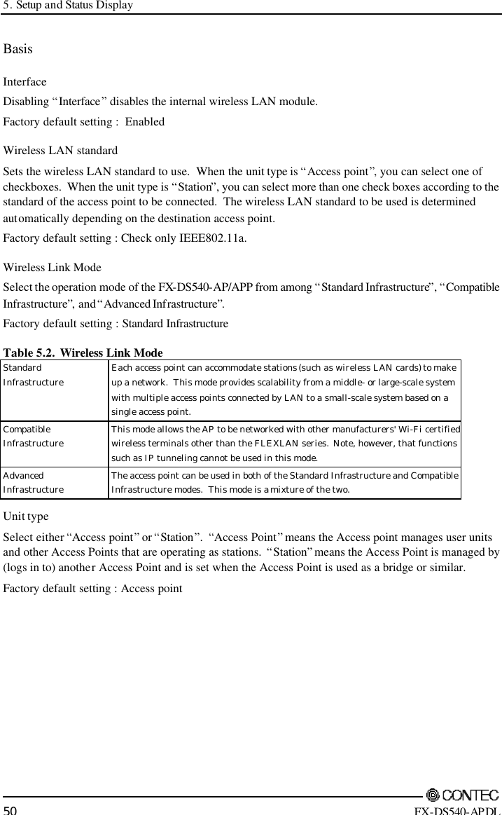 5. Setup and Status Display        50 FX-DS540-APDL Basis  Interface Disabling “Interface” disables the internal wireless LAN module. Factory default setting :  Enabled Wireless LAN standard Sets the wireless LAN standard to use.  When the unit type is “Access point”, you can select one of checkboxes.  When the unit type is “Station”, you can select more than one check boxes according to the standard of the access point to be connected.  The wireless LAN standard to be used is determined automatically depending on the destination access point. Factory default setting : Check only IEEE802.11a. Wireless Link Mode Select the operation mode of the FX-DS540-AP/APP from among “Standard Infrastructure”, “Compatible Infrastructure”, and “Advanced Infrastructure”. Factory default setting : Standard Infrastructure Table 5.2.  Wireless Link Mode  Standard Infrastructure Each access point can accommodate stations (such as wireless LAN cards) to make up a network.  This mode provides scalability from a middle- or large-scale system with multiple access points connected by LAN to a small-scale system based on a single access point. Compatible Infrastructure This mode allows the AP to be networked with other manufacturers&apos; Wi-Fi certified wireless terminals other than the FLEXLAN series.  Note, however, that functions such as IP tunneling cannot be used in this mode. Advanced Infrastructure The access point can be used in both of the Standard Infrastructure and Compatible Infrastructure modes.  This mode is a mixture of the two. Unit type Select either “Access point” or “Station”.  “Access Point” means the Access point manages user units and other Access Points that are operating as stations.  “Station” means the Access Point is managed by (logs in to) another Access Point and is set when the Access Point is used as a bridge or similar.   Factory default setting : Access point 
