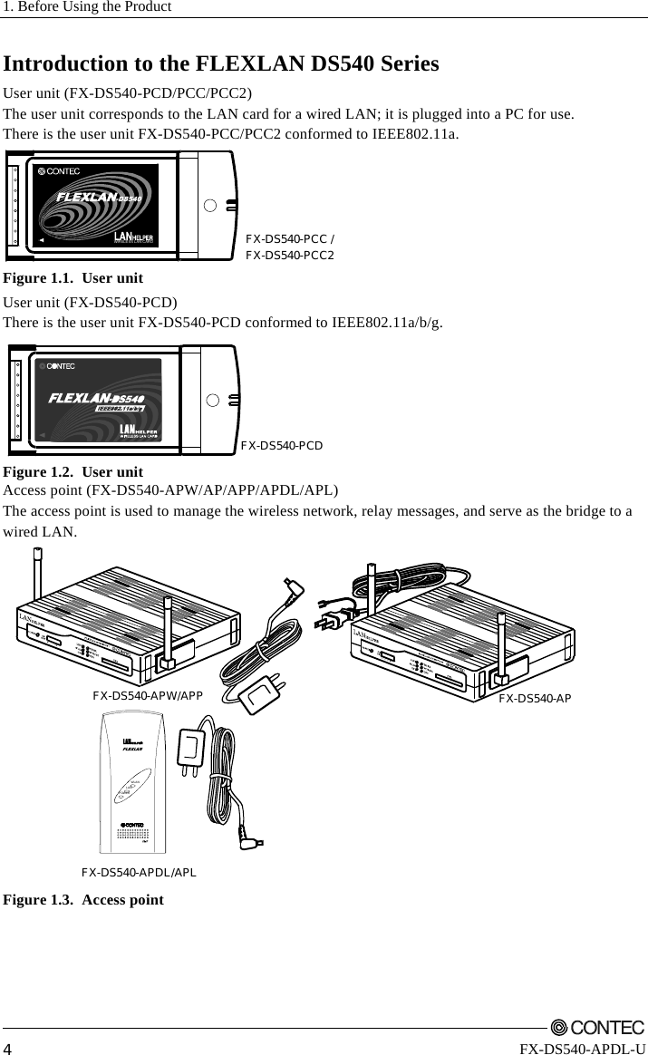 1. Before Using the Product         4 FX-DS540-APDL-U Introduction to the FLEXLAN DS540 Series User unit (FX-DS540-PCD/PCC/PCC2) The user unit corresponds to the LAN card for a wired LAN; it is plugged into a PC for use. There is the user unit FX-DS540-PCC/PCC2 conformed to IEEE802.11a. FX-DS540-PCC /FX-DS540-PCC2WIRELESS LAN CARD Figure 1.1.  User unit User unit (FX-DS540-PCD) There is the user unit FX-DS540-PCD conformed to IEEE802.11a/b/g. FX-DS540-PCDWIRELESS LAN CARD Figure 1.2.  User unit Access point (FX-DS540-APW/AP/APP/APDL/APL) The access point is used to manage the wireless network, relay messages, and serve as the bridge to a wired LAN.    FX-DS540-APW/APPPOWERWLANLANFX-DS540-APDL/APLFX-DS540-AP Figure 1.3.  Access point   