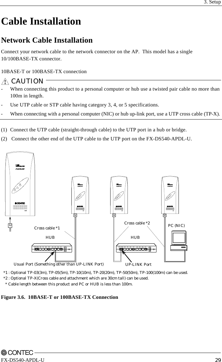  3. Setup    FX-DS540-APDL-U  29 Cable Installation Network Cable Installation Connect your network cable to the network connector on the AP.  This model has a single 10/100BASE-TX connector. 10BASE-T or 100BASE-TX connection CAUTION   -  When connecting this product to a personal computer or hub use a twisted pair cable no more than 100m in length. -  Use UTP cable or STP cable having category 3, 4, or 5 specifications. -  When connecting with a personal computer (NIC) or hub up-link port, use a UTP cross cable (TP-X).  (1)  Connect the UTP cable (straight-through cable) to the UTP port in a hub or bridge. (2)  Connect the other end of the UTP cable to the UTP port on the FX-DS540-APDL-U. POWERWLANLANPOWERWLANLANPOWERWLANLANPOWLLUPLINK  8X   7X    6X    5X      4X   3X   2X     1X* Cable length between this product and PC or HUB is less than 100m.*1 : Optional TP-03(3m), TP-05(5m), TP-10(10m), TP-20(20m), TP-50(50m), TP-100(100m) can be used.*2 : Optional TP-X(Cross cable and attachment which are 30cm tall) can be used.PC (NIC)HUBCross cable *2UP-LINK PortUsual Port (Something other than UP-LINK Port)HUBUPLI NK  8 X   7X     6X     5X       4X   3 X   2X     1XCross cable *1 Figure 3.6.  10BASE-T or 100BASE-TX Connection 