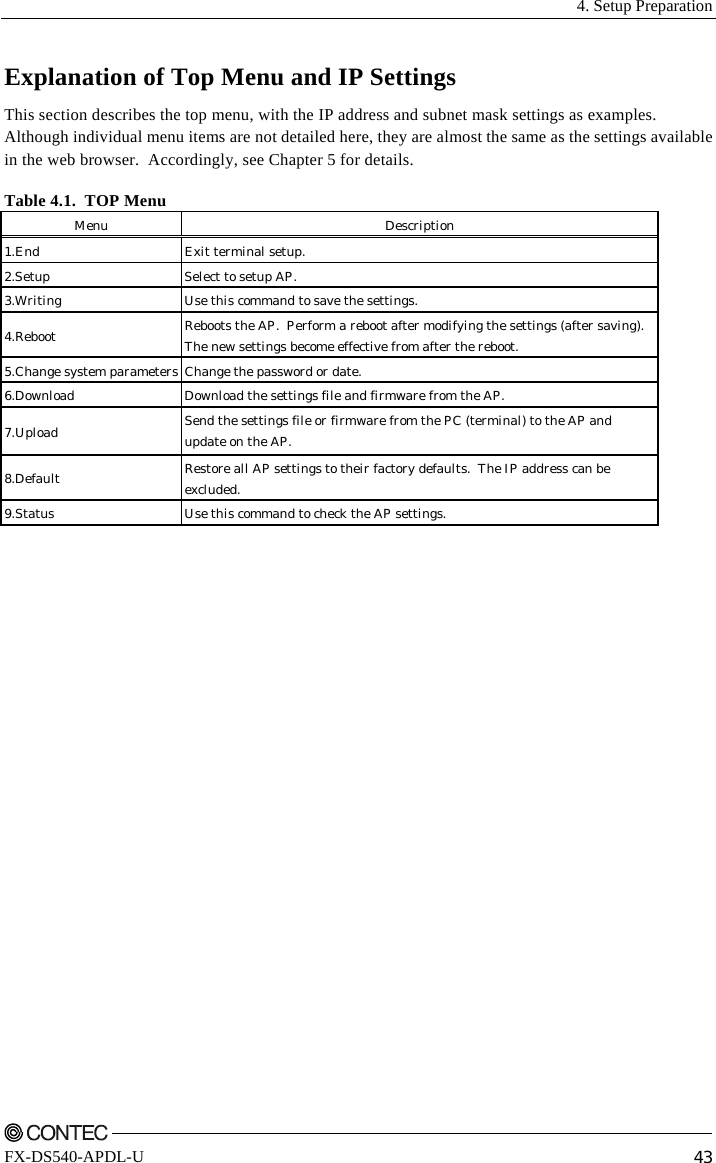  4. Setup Preparation    FX-DS540-APDL-U  43 Explanation of Top Menu and IP Settings This section describes the top menu, with the IP address and subnet mask settings as examples. Although individual menu items are not detailed here, they are almost the same as the settings available in the web browser.  Accordingly, see Chapter 5 for details. Table 4.1.  TOP Menu Menu Description 1.End Exit terminal setup. 2.Setup  Select to setup AP. 3.Writing  Use this command to save the settings. 4.Reboot  Reboots the AP.  Perform a reboot after modifying the settings (after saving). The new settings become effective from after the reboot. 5.Change system parameters Change the password or date. 6.Download  Download the settings file and firmware from the AP. 7.Upload  Send the settings file or firmware from the PC (terminal) to the AP and  update on the AP. 8.Default  Restore all AP settings to their factory defaults.  The IP address can be  excluded. 9.Status  Use this command to check the AP settings.  